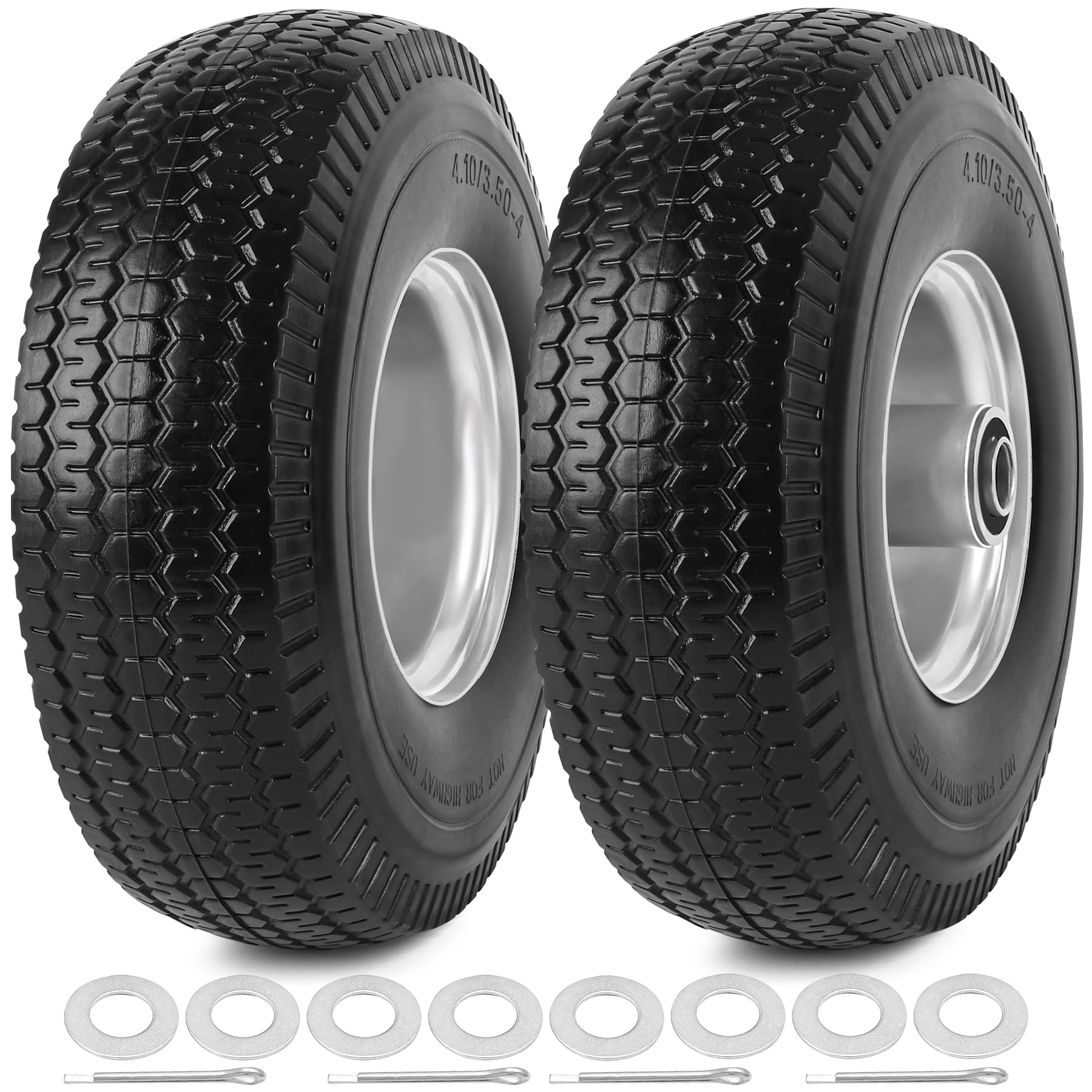 4.10/3.50-4" Flat Free Tires, 10 Inch Solid Tires and Wheels Replacement with 5/8" Axle Bore Hole, 2.2" Offset Hub for Hand Truck, Garden Cart, Lawn Cart, Wheelbarrow, 2 Pack