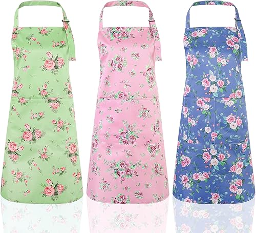 Paquete de 3 delantales florales para mujer, delantales de cocina ajustables con 2 bolsillos, delantal floral de rosa vintage, delantal de chef