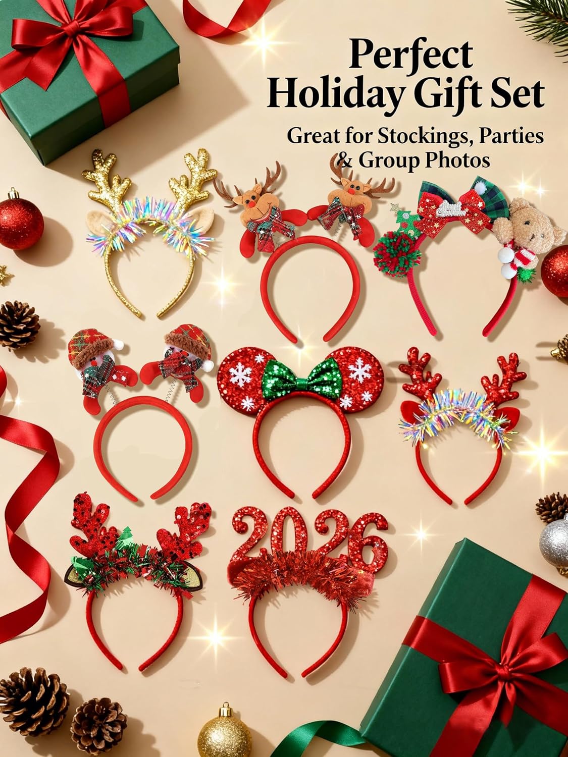 Christmas Holiday Headbands Set, 8 Pieces Santa and Reindeer Antler Designs, Party Favor Hair Accessories for Holiday Decor and Gifts