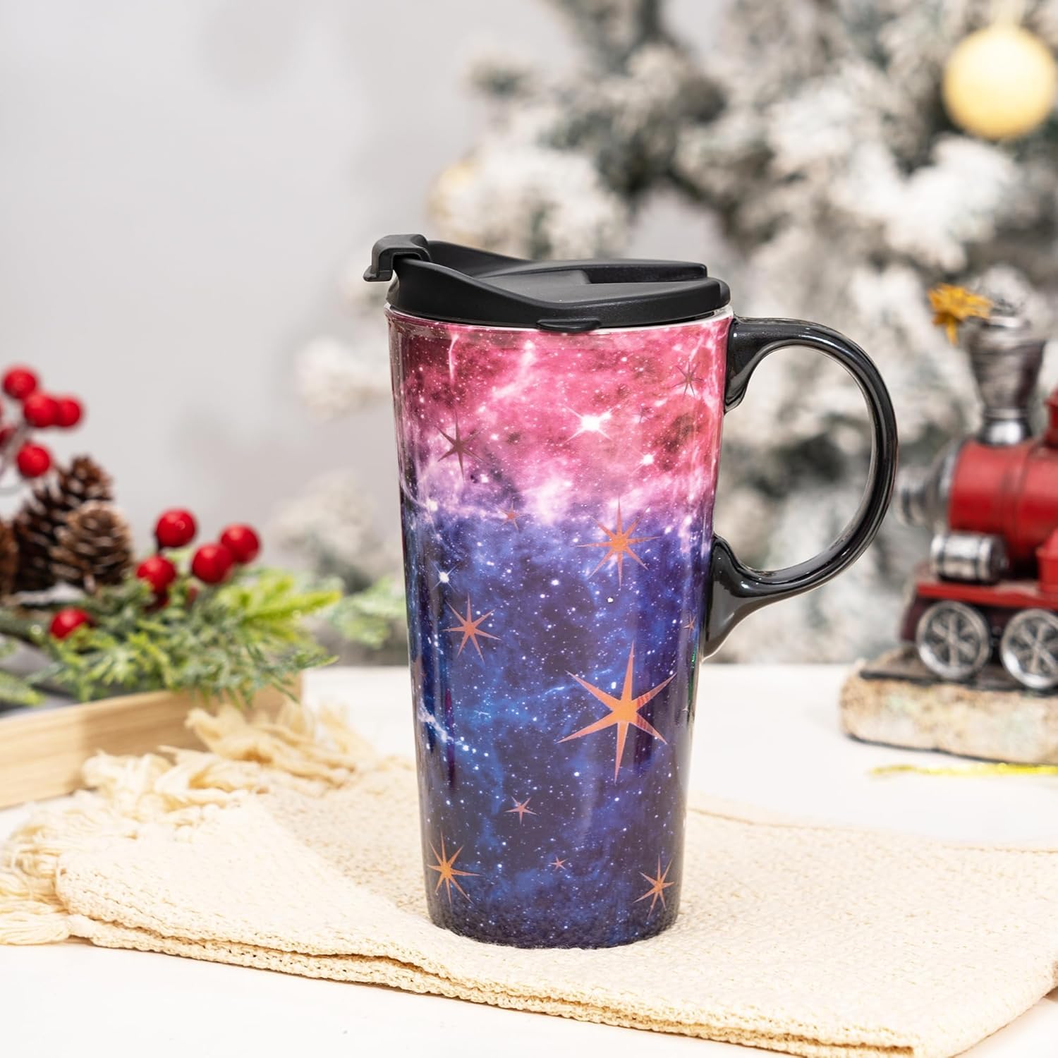 Topadorn Ceramic Travel Mug Coffee Cup with Sealed Lid & Gift Box, 17 OZ Coffee Mug for Latte & Hot Chocolate, Microwave & Dishwasher Safe, Purple Starry Sky - Image 3