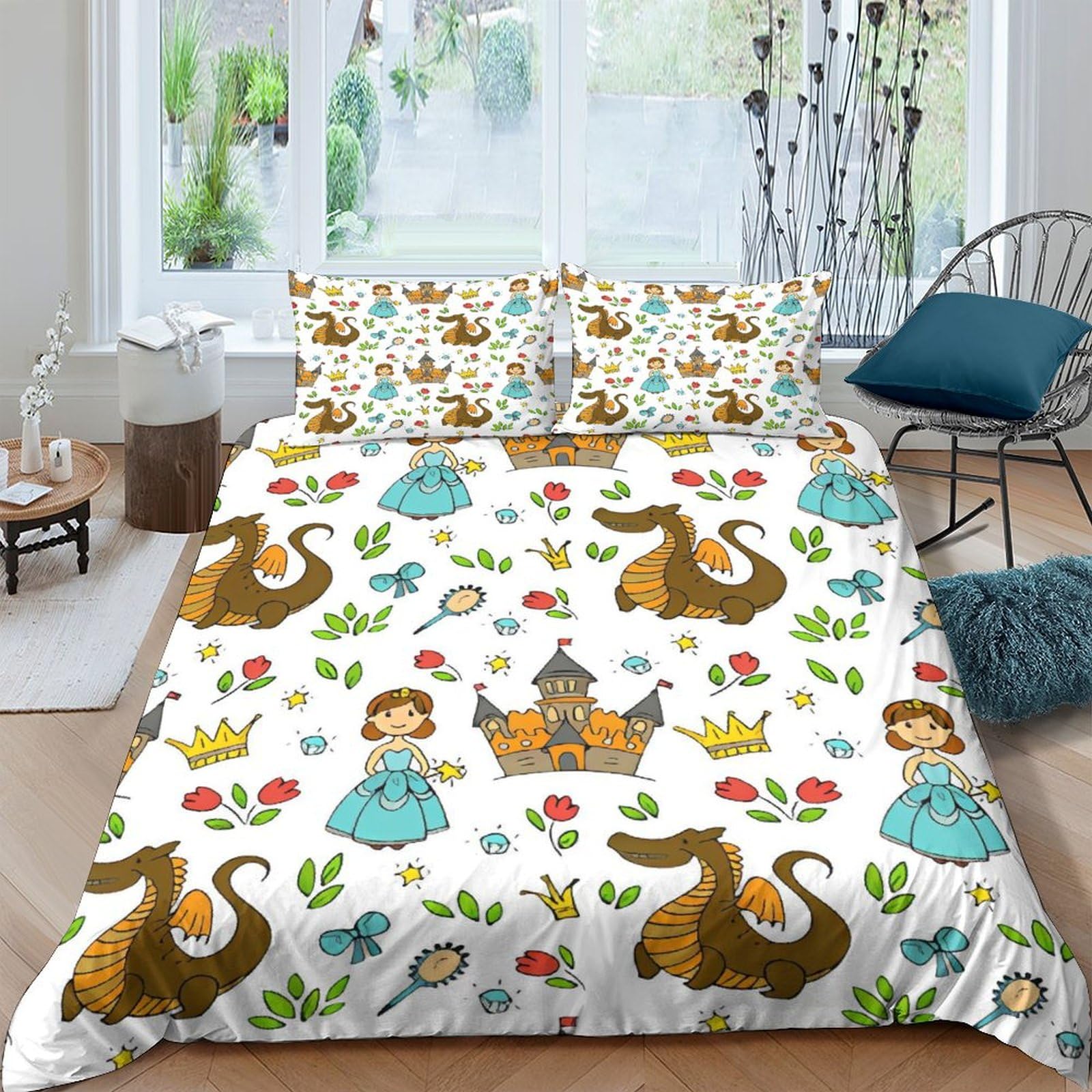 Housse de couette dragon 3D château de fée parure lit 3 pièces King 220x240 cm