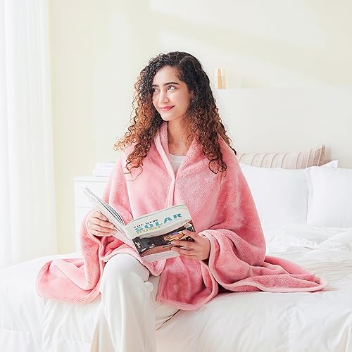 Miniatura 4 de Mellowdy Shawl Blanket Pillow 2-in-1 with Sleeves for Office, Work, Home (Blossom Pink, 40x60) - Wearable Adult Snuggie Coat Poncho, Airplane Travel