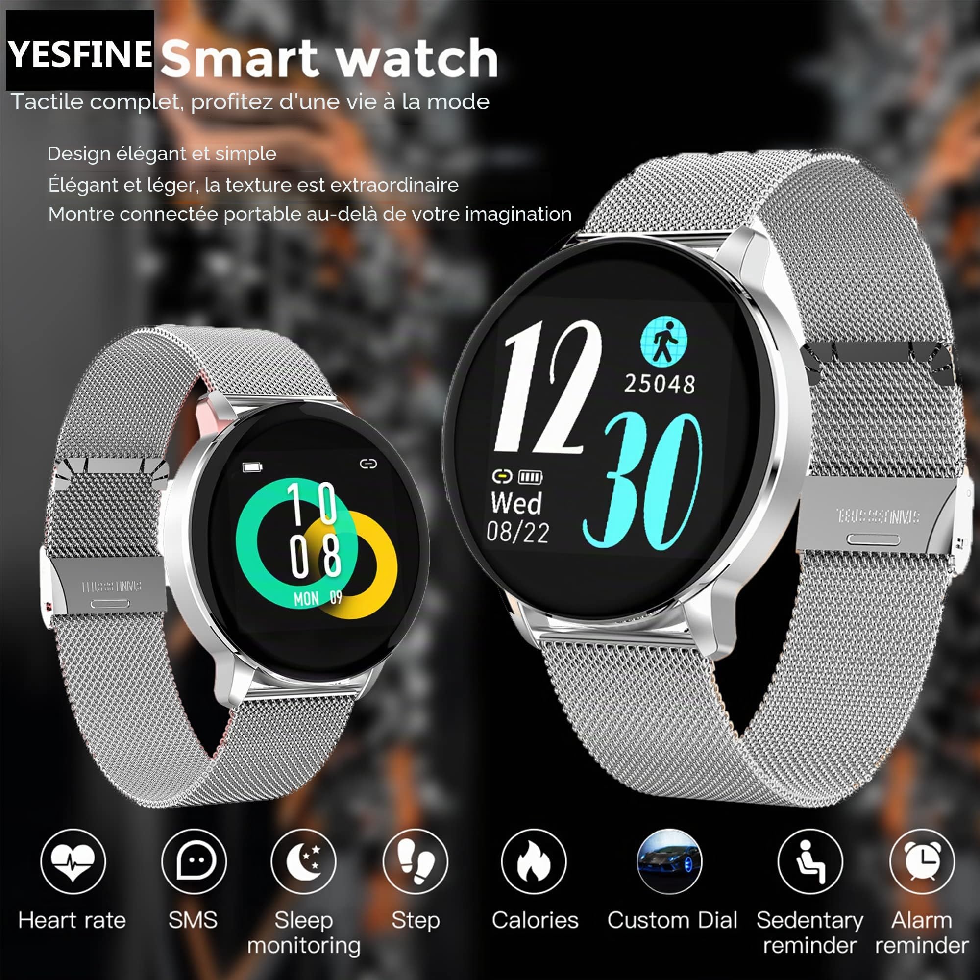 Montre Connectée Femme, Smartwatch Compatible Samsung Huawei Xiaomi Android iOS Podometre Montre Sport Cardiofrequencemetre Etanche IP67 GPS Partagé Sport Notification de Message(Argent)