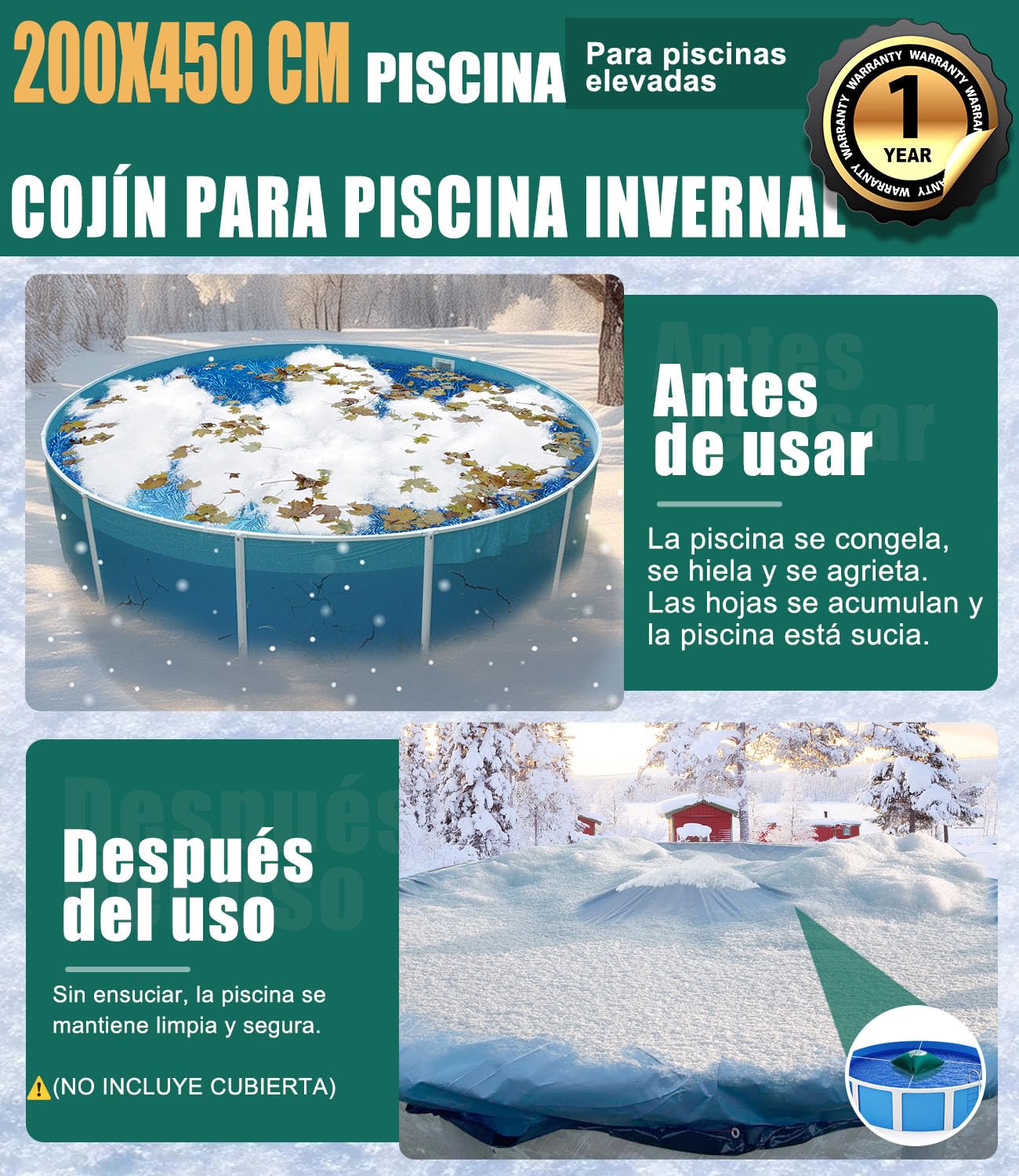 Angooni Cojín de piscina de invierno 200 x 450 cm XXL (para piscinas de 320 – 750 x 550 – 860 cm) | Cojín de aire para piscina con doble costura para cubierta de piscina | Cojín de piscina para el