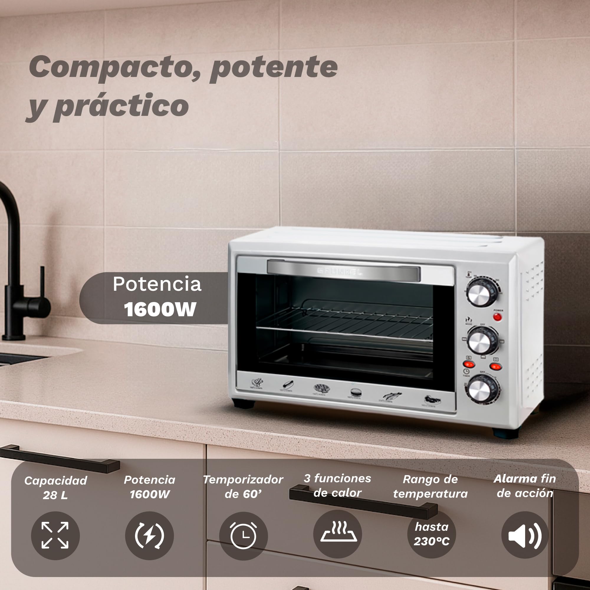 Grunkel Horno eléctrico multifunción de sobremesa de 28L con 3 funciones de calor y selector de temperatura hasta 230ºC. Temporizador hasta 60 min - 1600W