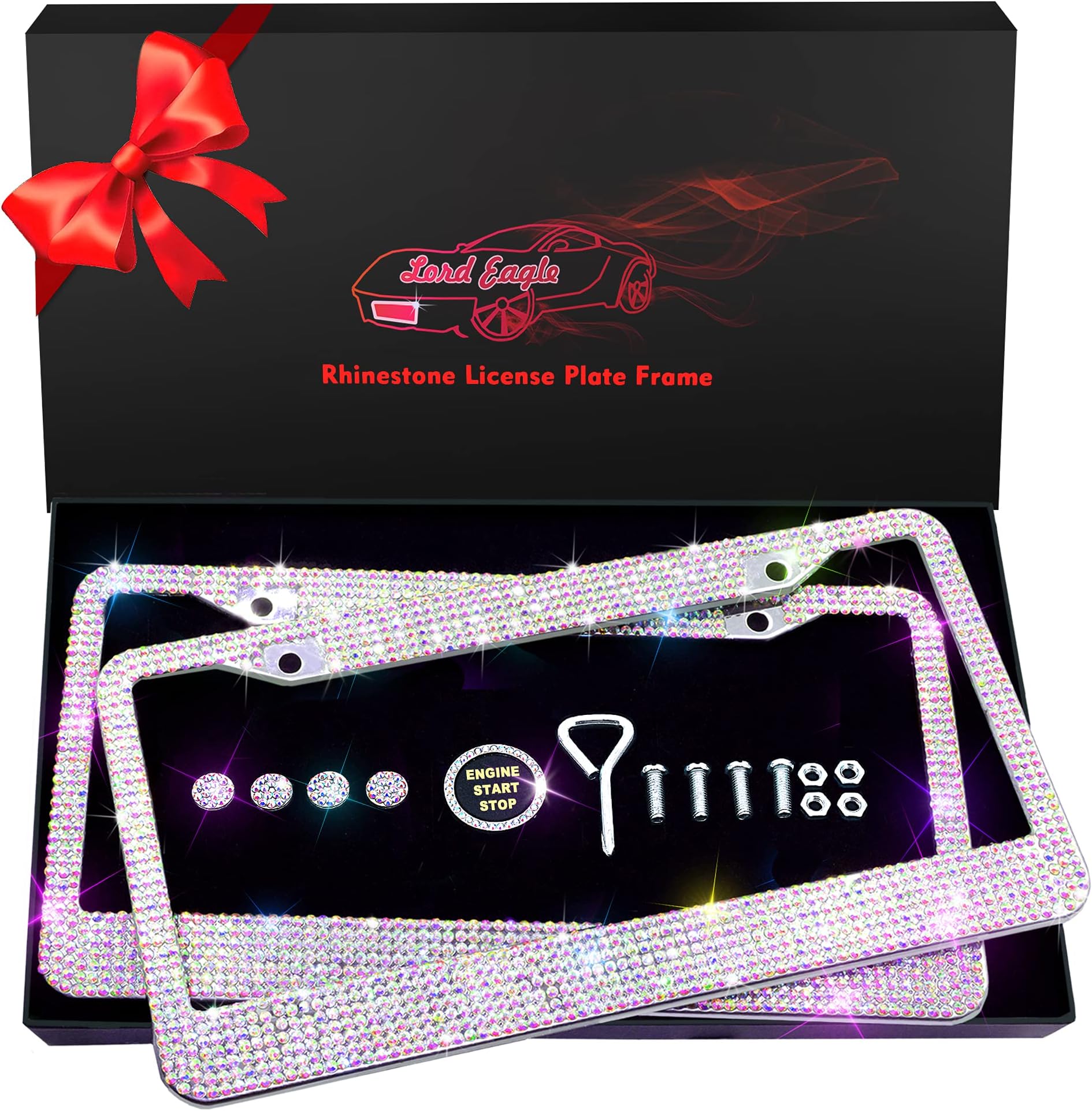 Lord Eagle License Plate Frames with GiftBox and 7 Shiny Crystal Rows,Over 1050 pcs 14 Facets SS16 Finest Handcrafted Luxury (AB Colorful Rhinestones)2 Pack