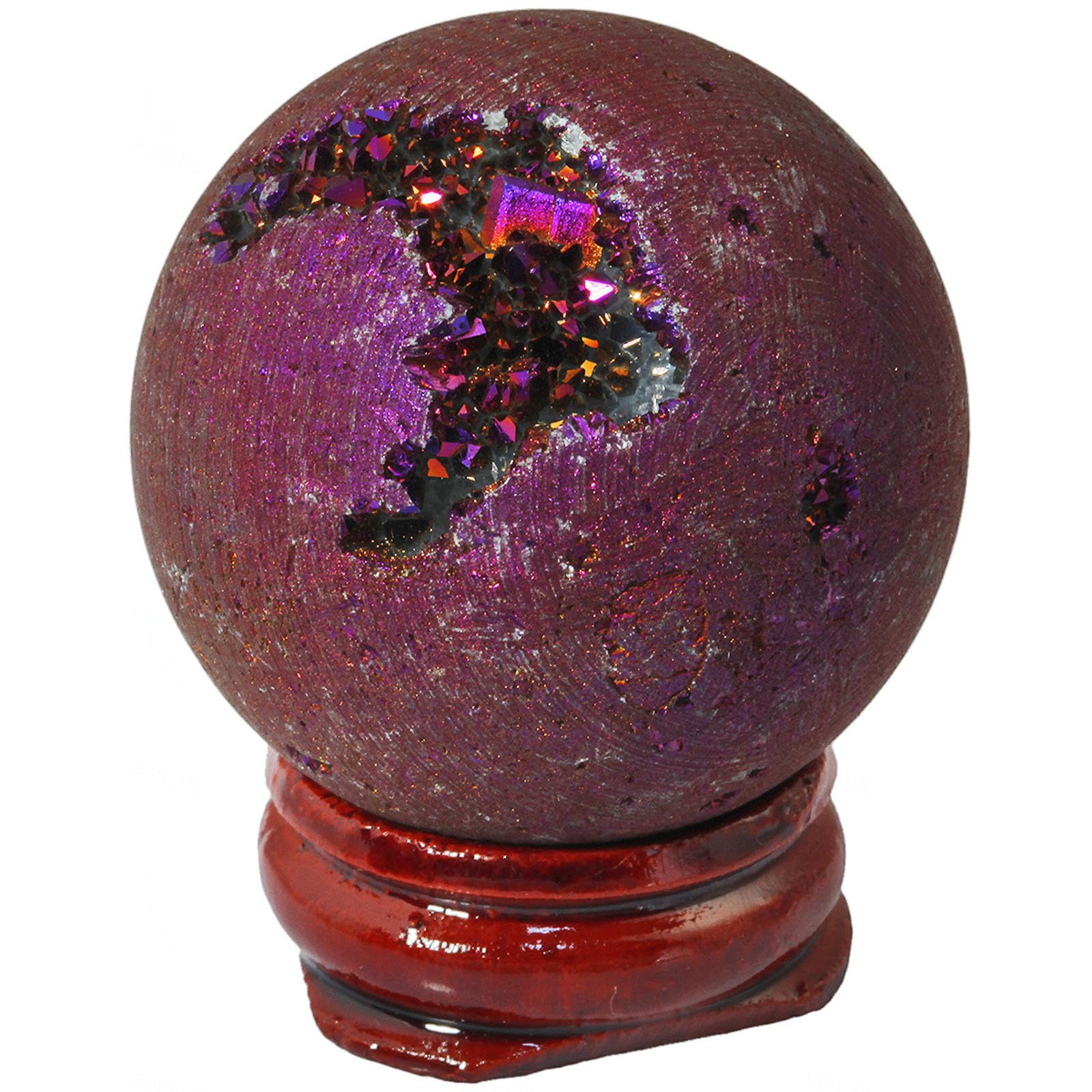 PKNVKZIDK Titanium Coated Agate Geode Crystal Sphere Ball with Wooden Stand, Rainbow Quartz Stone Gift Ornament,Color-40mm