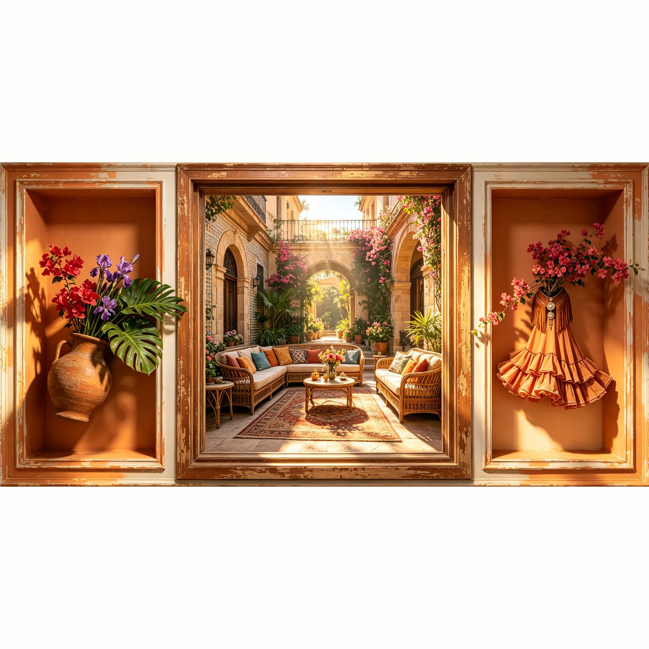 QZLITHOTIC 50x100cm 3D Framed Wall Art， Mediterranean Courtyard Garden Tropical Floral Self‑Adhesive Mural， Water‑Activated Peel & Stick Fabric Decor Wall Decal for Bedroom Living Room