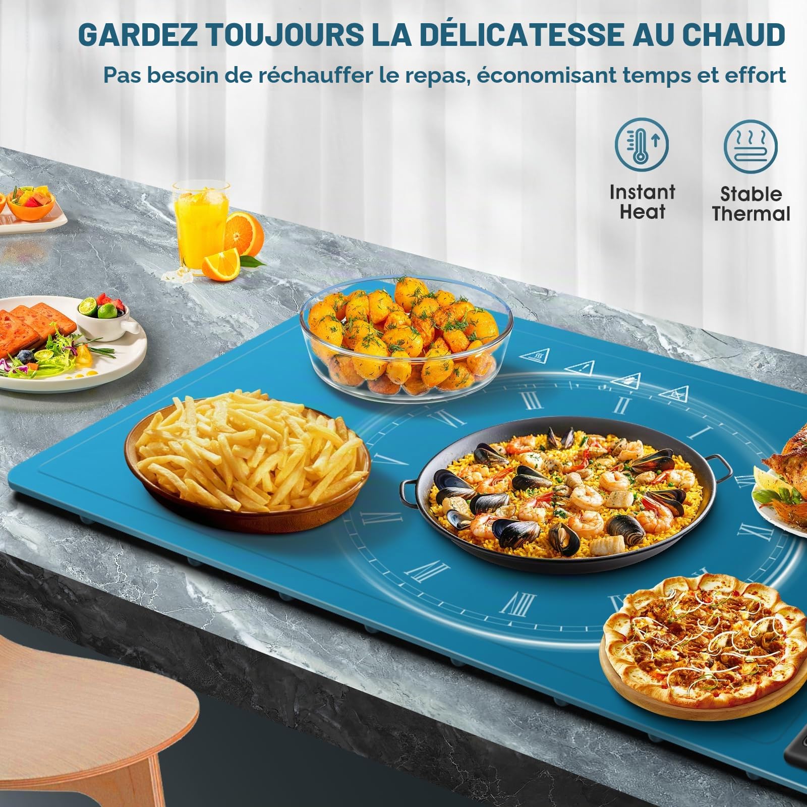 KingSom Chauffe Plat Électrique, Plateau Chauffant avec Température Réglable 60-100°C, Plaque Chauffante Electrique en Silicone Pliable,Verrouillage Enfant,Plateau Chauffant Buffet avec 2 Petits Tapis