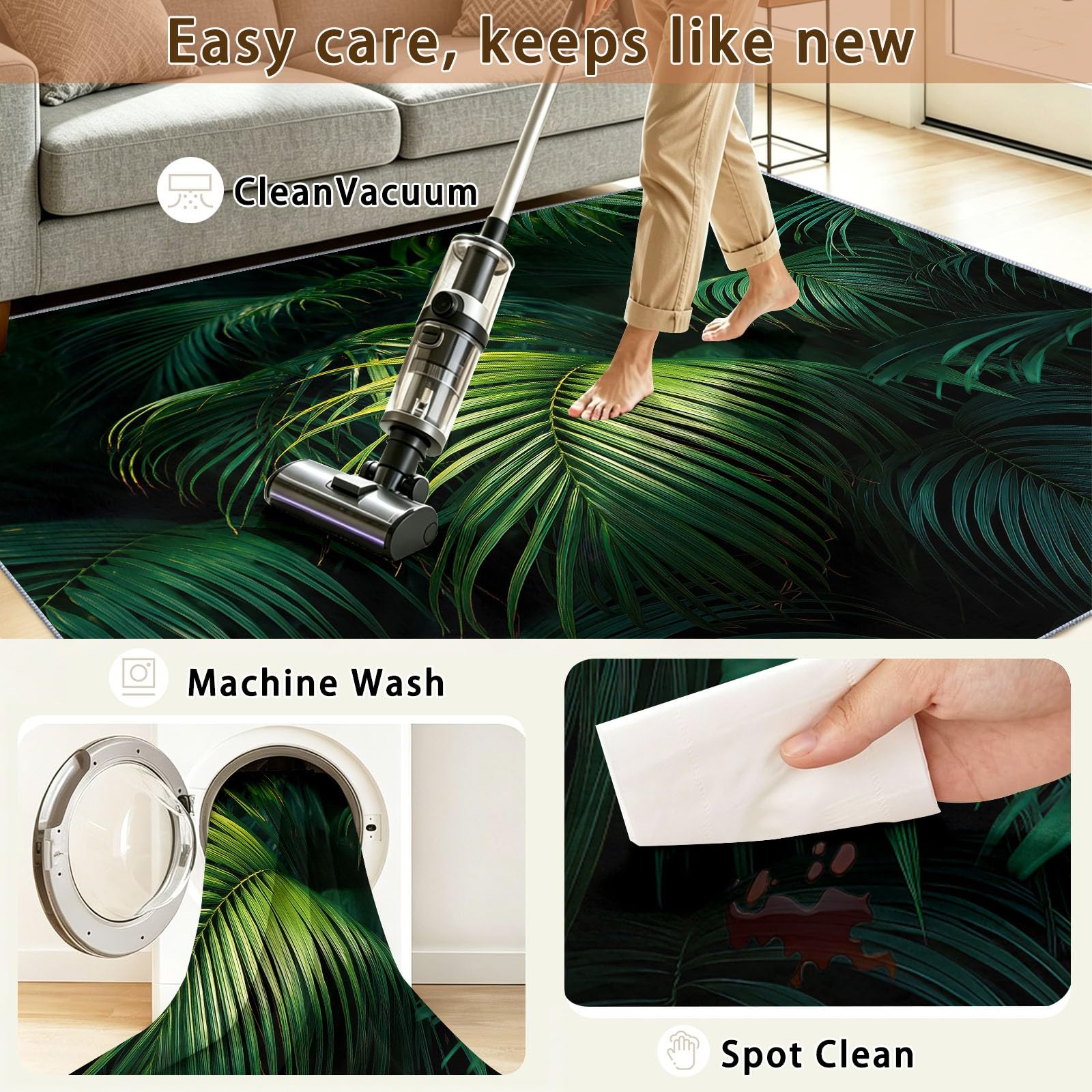 Générique Minimalist Tapis de Salon 80 x 150 cm, Flanelle Doux Lavable Antidérapant, Tapis à Poils Courts Nature Tropical Palmier Motif Feuillage Feuilles pour Salon Chambre Enfant Bureau, Vert