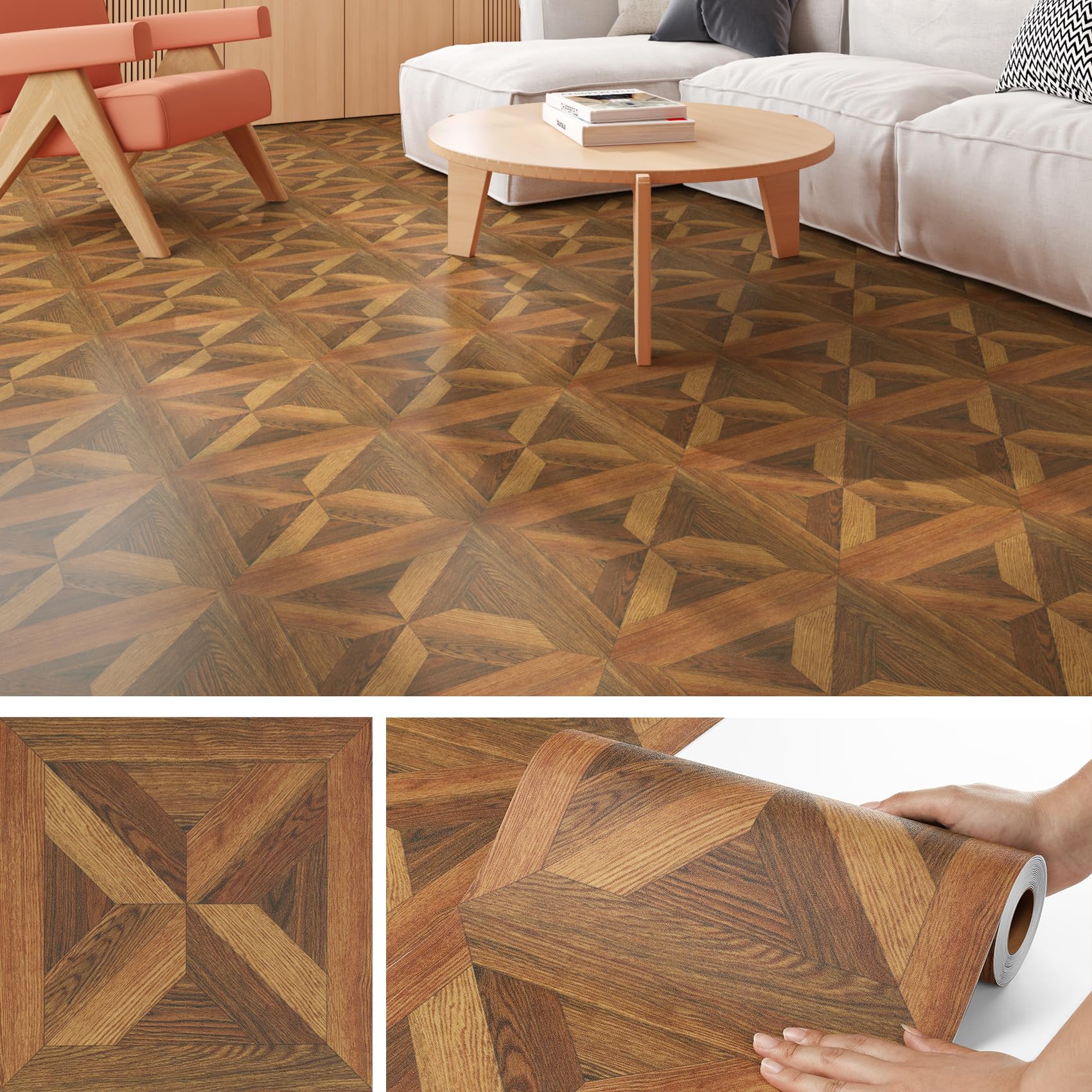 Livelynine Linoleum Pavimento Rotolo Adesivo Pavimento PVC Adesivo Legno Scuro 30x450CM PVC Adesiva Pavimenti Rotolo per Interno Effetto Parquet Adesivi Pavimenti Bagno Cucina Soggiorno Legno Retro