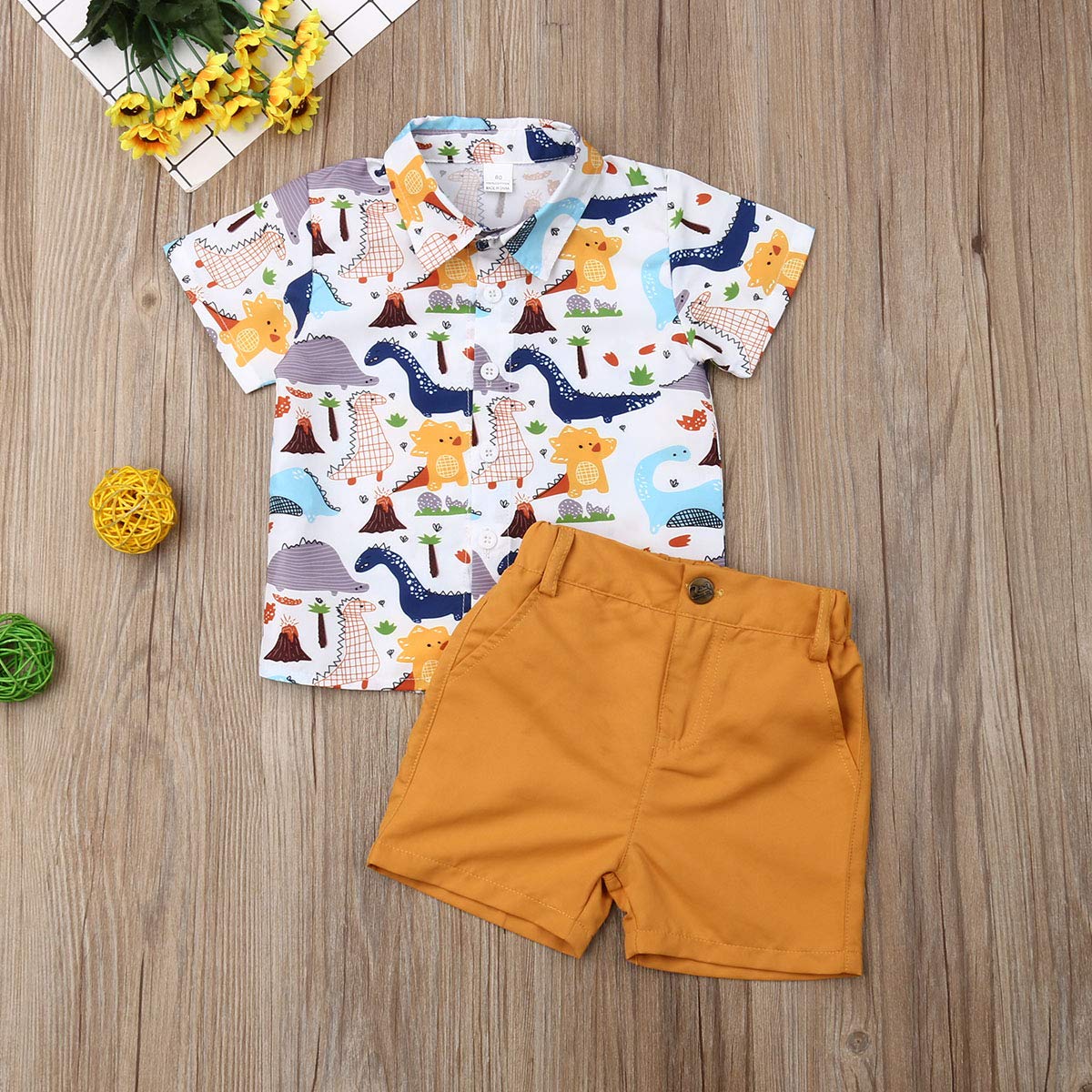 Toddler Little Boy Kids Summer Floral Shirt Bermuda Shorts Outfit Set Clothes (Dinosaur Blouse + Ginger Yellow Shorts Set, 1-2T)