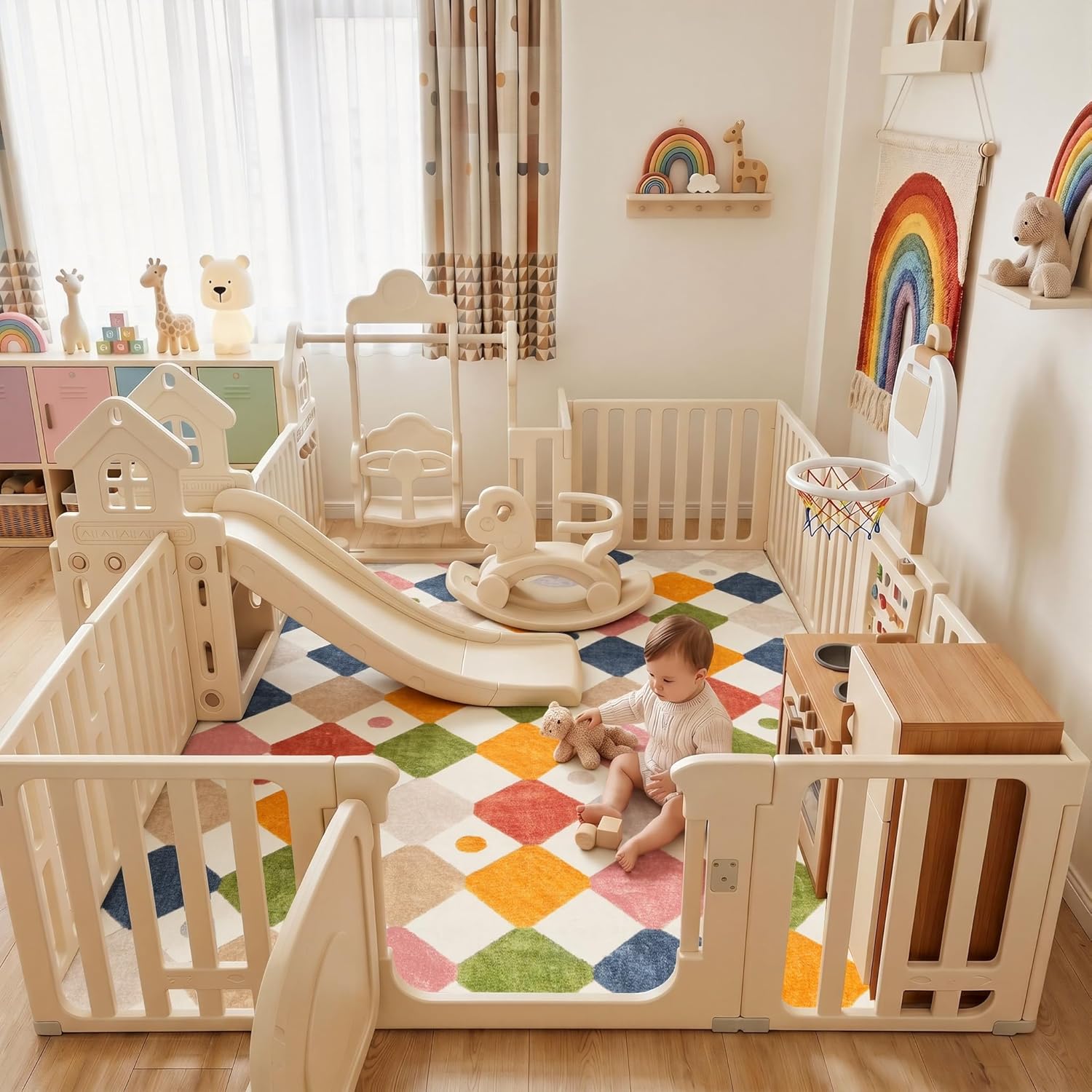 jinchan Macy 6x9 Kids Area Rug for Classroom Modern Colorful Nursery Rug Checkered Diamond Play Mat Washable Soft Non Slip Carpet for Playroom Living Room Bedroom Daycare Circus on Cream
