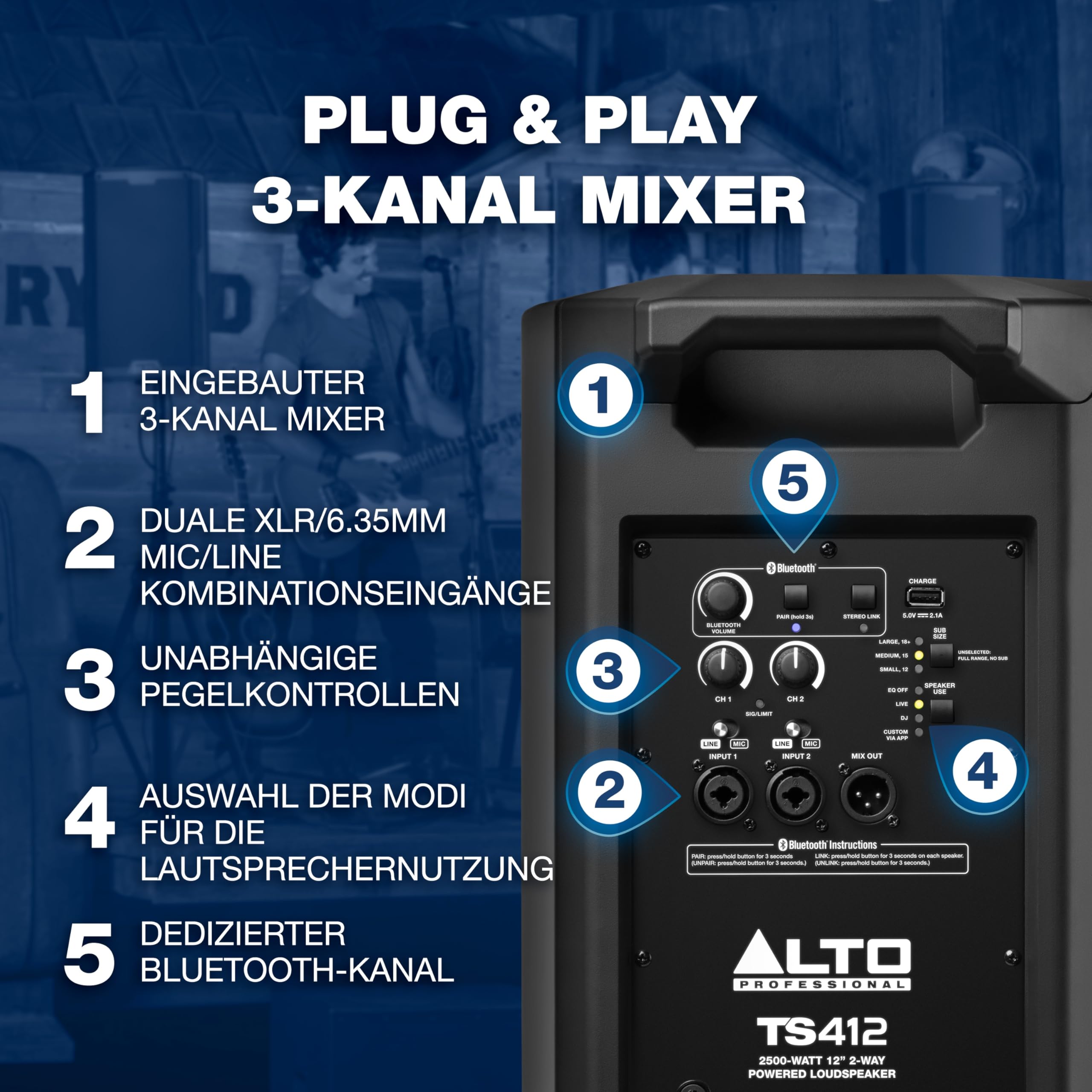 ALTO TS412 2500 Watt 12-Zoll Aktiver PA-Lautsprecher mit 3-Kanal Mixer Bluetooth DSP