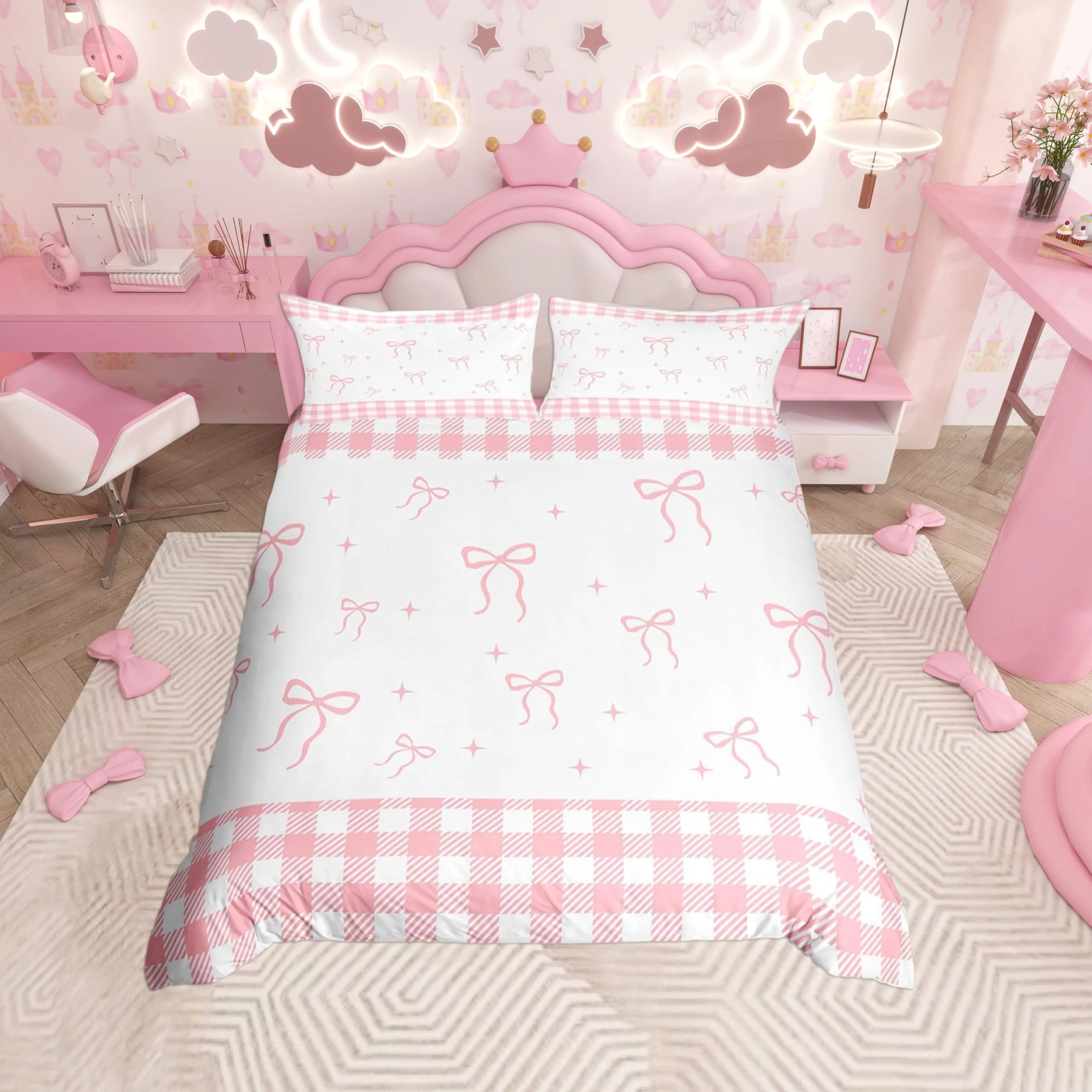 Homemissing White Pink Bowknot Duvet Cover Set Super King Size For Kids Girls Teens Bedroom Plaid Bow Ribbon Bedding Set Cute Bow Comforter Cover with 2 Pillowcases