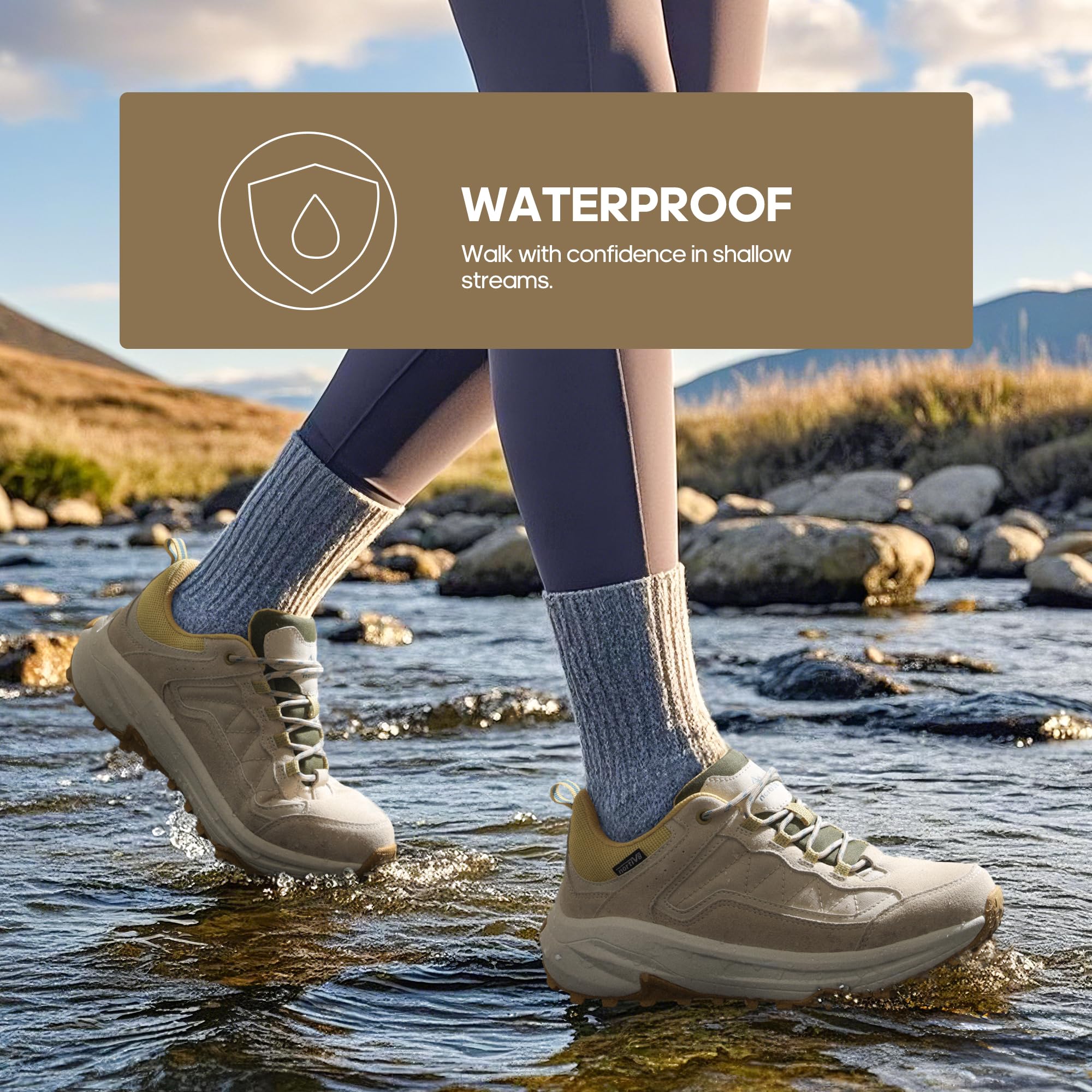 NORTIV 8 Damskie wodoodporne buty turystyczne z podparciem łuku na zewnątrz, skórzane, do chodzenia, trekkingu, na kemping, tenis, trening, trampki Wicklow, Brązowy/biały, 5.5