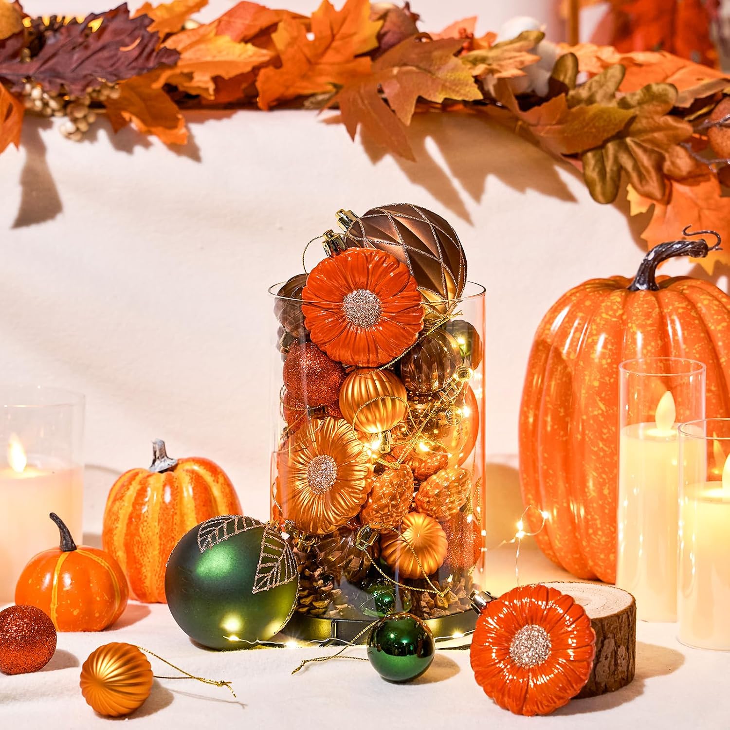 JORNOY Fall Ornaments for Tree, Shatterproof Plastic Harvest Decorations with Hanging String, Rustic Balls Baubles Bulk for Thanksgiving Home Decor, 52 Pack, Orange