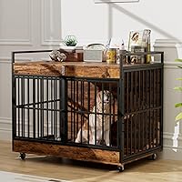 Vista 4 de Mueble de jaula de perro de 45 pulgadas para perros grandes con 2 cuencos de acero inoxidable, mesa grande de madera para perros, perrera