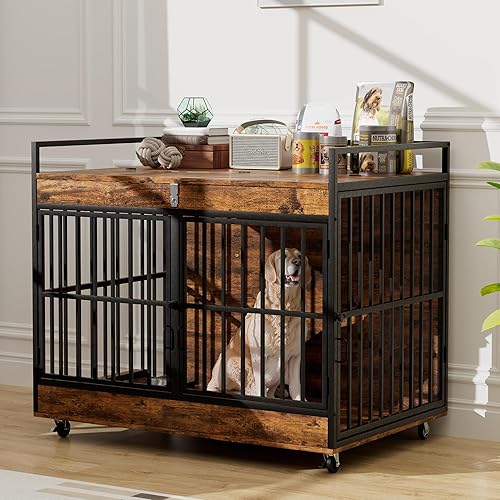 Miniatura 4 de Mueble de jaula para perros de raza grande con 2 cuencos de acero inoxidable, mesa grande de madera para perros, muebles XL a prueba de fugas y