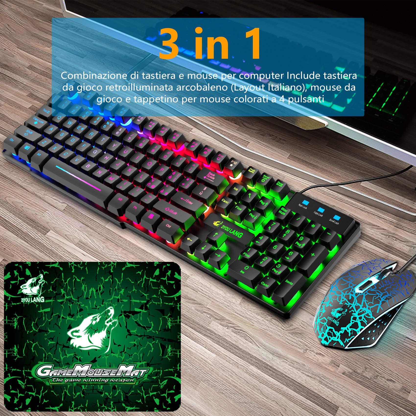 Gaming Tastatur Und Maus Set, Italienisches Layout Regenbogen LED Hintergrundbeleuchtung Ergonomische Keyboard 6 Tasten 2400 DPI Maus und Mauspad, USB Verkabelt, Kompatibel mit PS4 Xbox, Schwarz