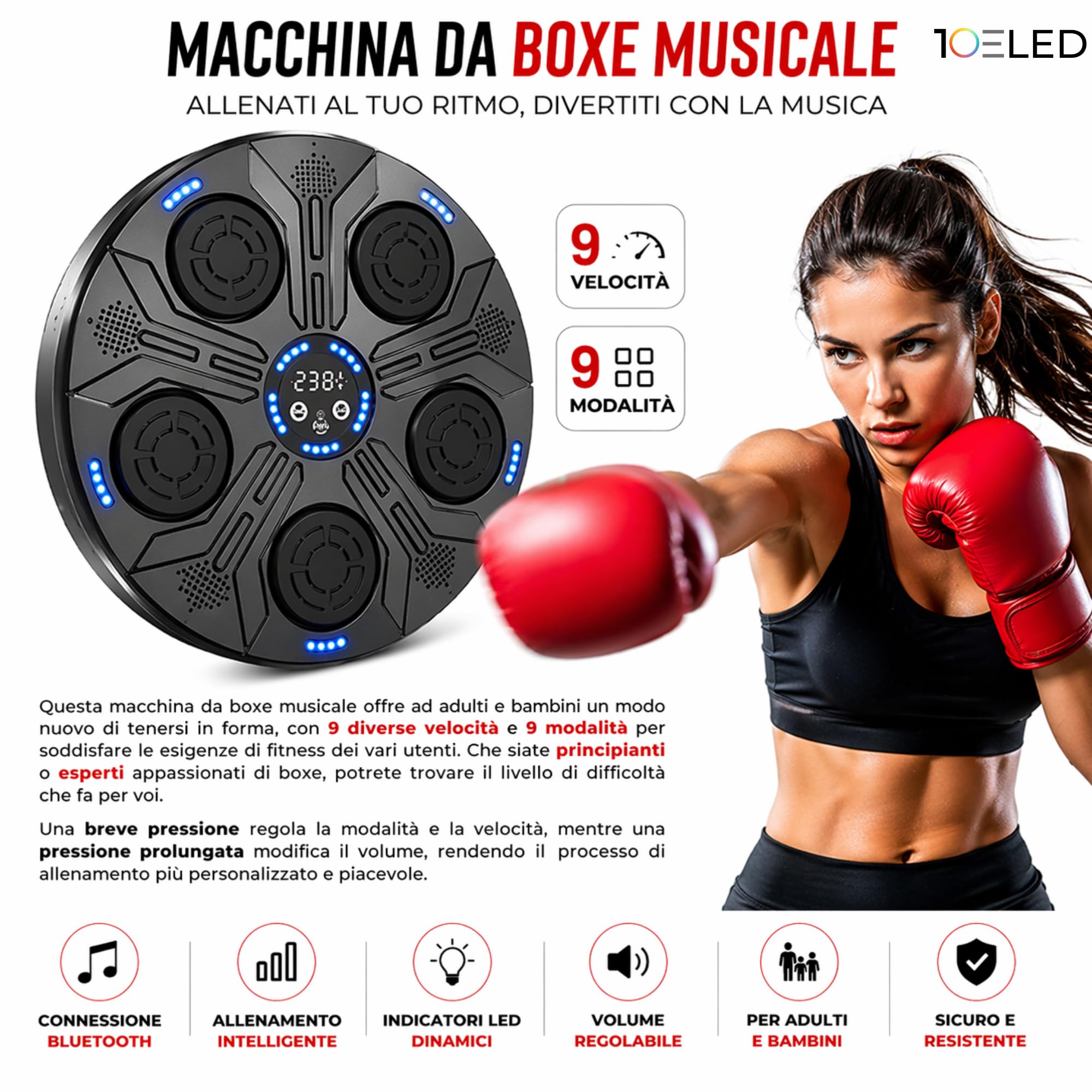 Music Boxing Machine Interattiva con LED a Parete e Bluetooth - Display Digitale - 5 Pad Reattivi - Guantoni INCLUSI - Beat Punch Allenamento Casa per Riflessi, Velocità e Coordinazione