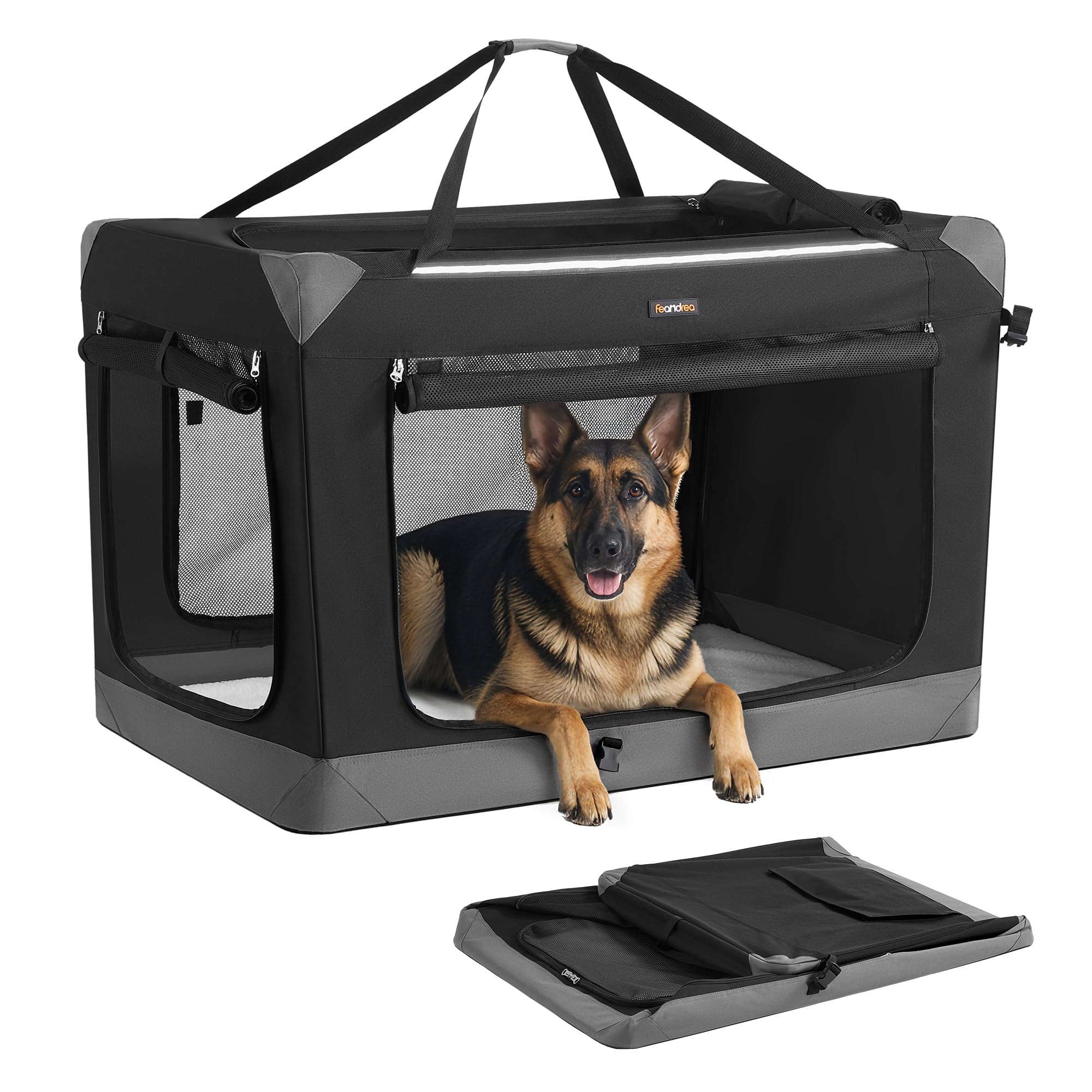 Feandrea Collapsible Dog Crate, Portable Oxford Fabric Pet Travel Crate with 4 Mesh Doors, Handles, Pocket, 42 Inches, for Large Dogs, Ink Black and Dove Gray UPDC031BH01