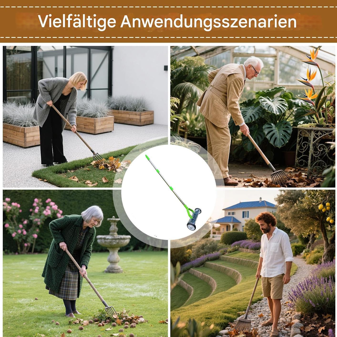 Rastrello per Arieggiatura Regolabile Resistente In Metallo Con Ruote | Strumento Per Arieggiatura Del Prato Per Allentare Terreno Livellare Giardino Esterno Foglie Giardinaggio Paesaggistica