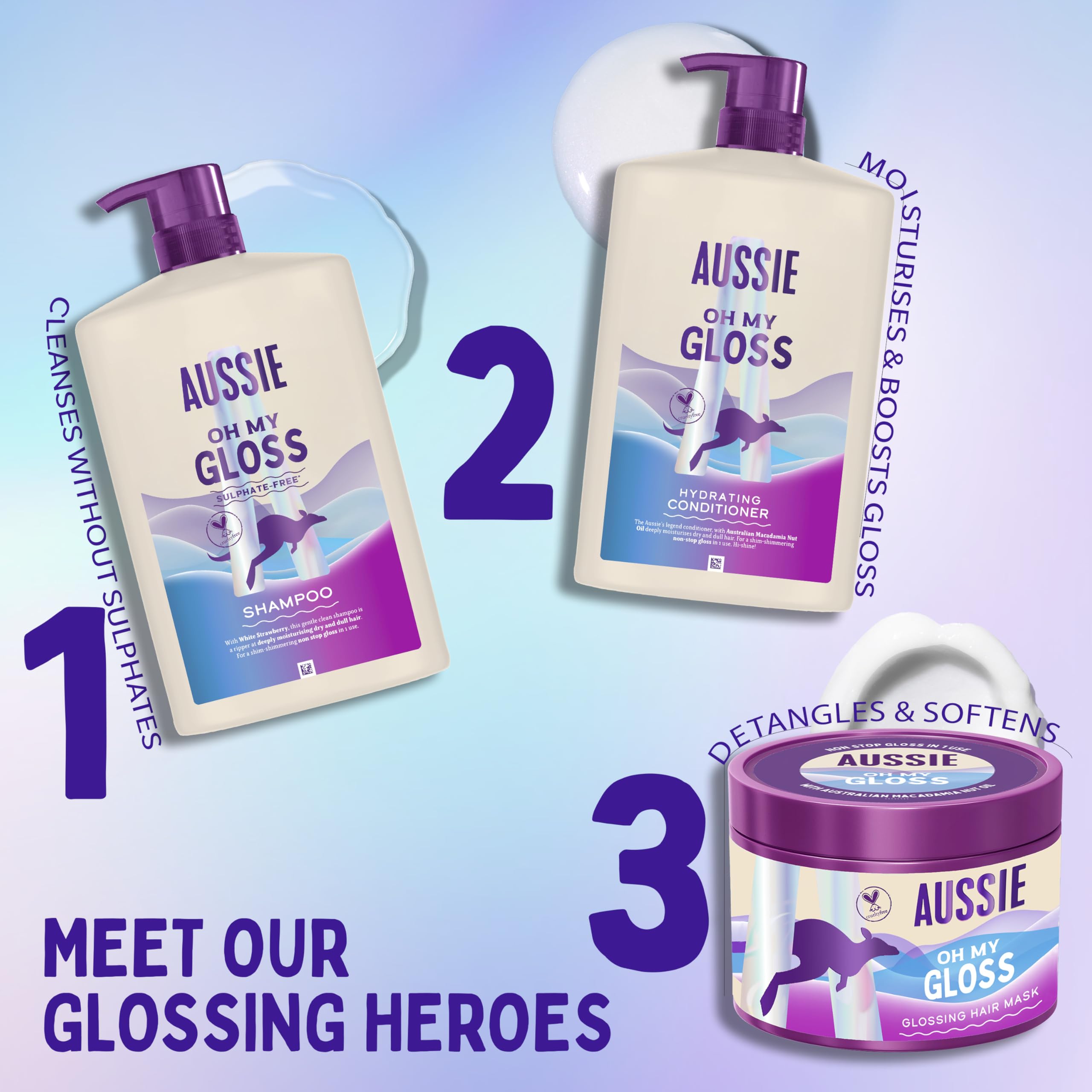 Aussie Oh My Gloss Shampoo 1000ml. Deeply Moisturises Dry and Dull Hair. Infused with Australian White Strawberry. Sulphate-Free Formula. For Instantly Shinier and Glossy Hair. Vegan and Cruelty-Free — view 9
