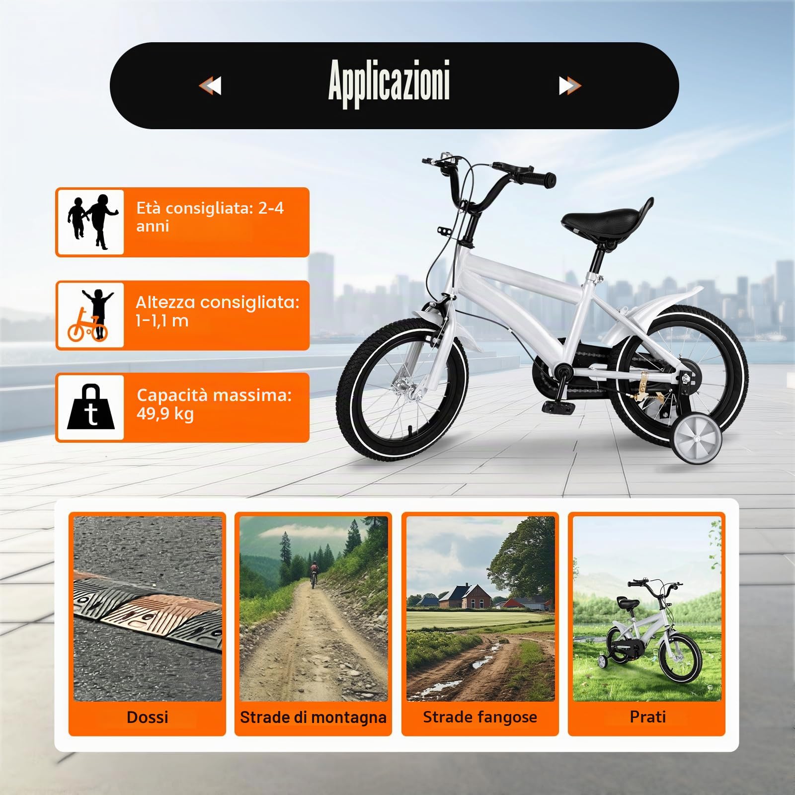 Bicicletta per bambini da 14 pollici bici per bambini con seggiolino e ruote stabilizzatrici& cestino Bike per bambini da 3 a 7 anni