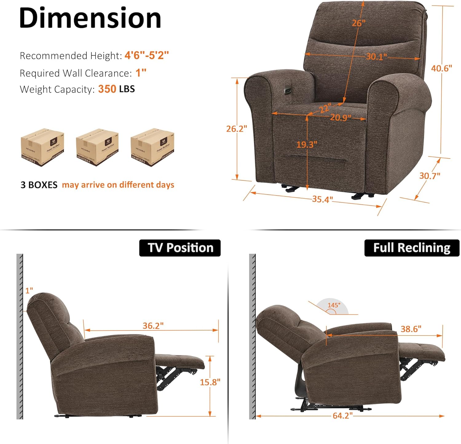 MCombo Compact Wall Hugger Power Recliner Chair for Small Spaces, Dual USB-A/C Ports, Rolled Arm Recliner for Living Room & RV, Fabric PR520 (Dark Brown, Small)
