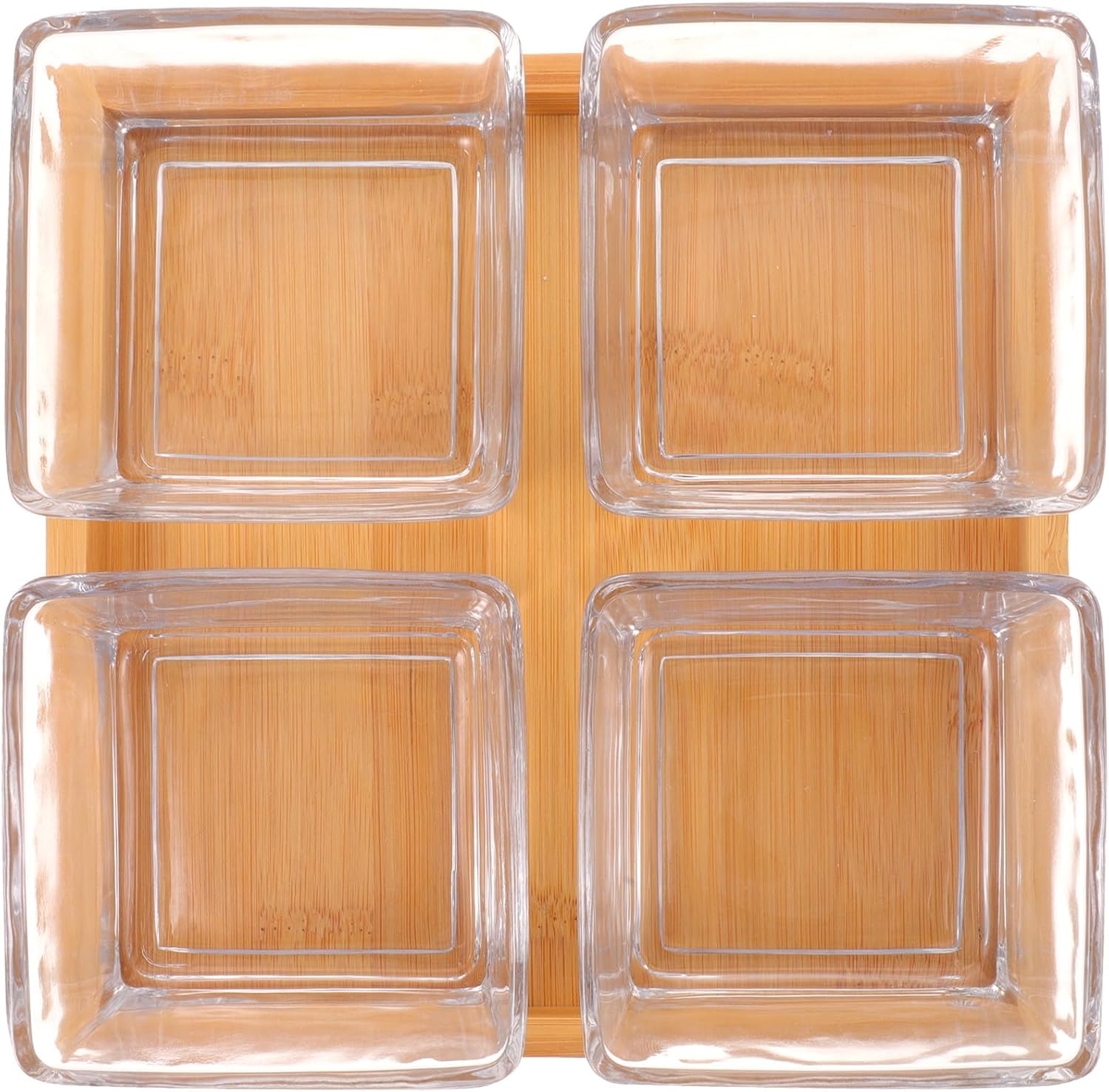 BESTonZON Divided Glass Snack Bowl Set with 4 Compartments on Serving Tray, Decorative Fruit and Snack Dish for Desktop Food Presentation and Entertaining