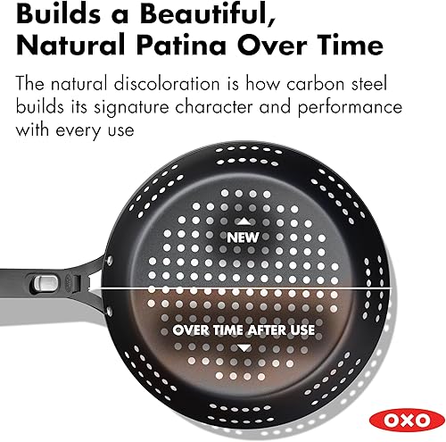 Miniatura 4 de OXO Sartén de acero al carbono pre-sazonado de obsidiana, sartén de 12 pulgadas con agujeros para asar con mango de silicona extraíble, inducción,