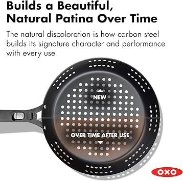OXO Obsidian Pre-Seasoned Carbon Steel, 12 Frying Pan Skillet with Holes for Grilling with Removable Silicone Handle Holder, Induction, Oven Safe, Black