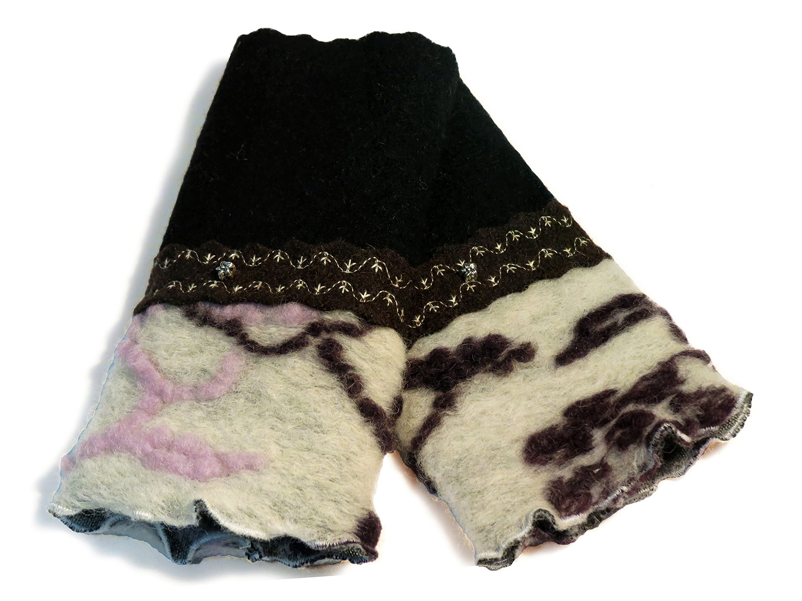 Armstulpen/Pulswärmer: Walkwolle (Walkloden, Kochwolle) in tiefem Braun und in Dunkelbraun, dehnbare Walkwolle (Strickwalk) in Weiß (mehrfarbiger floraler Motiv); Charm (Blumchen), Zierstiche