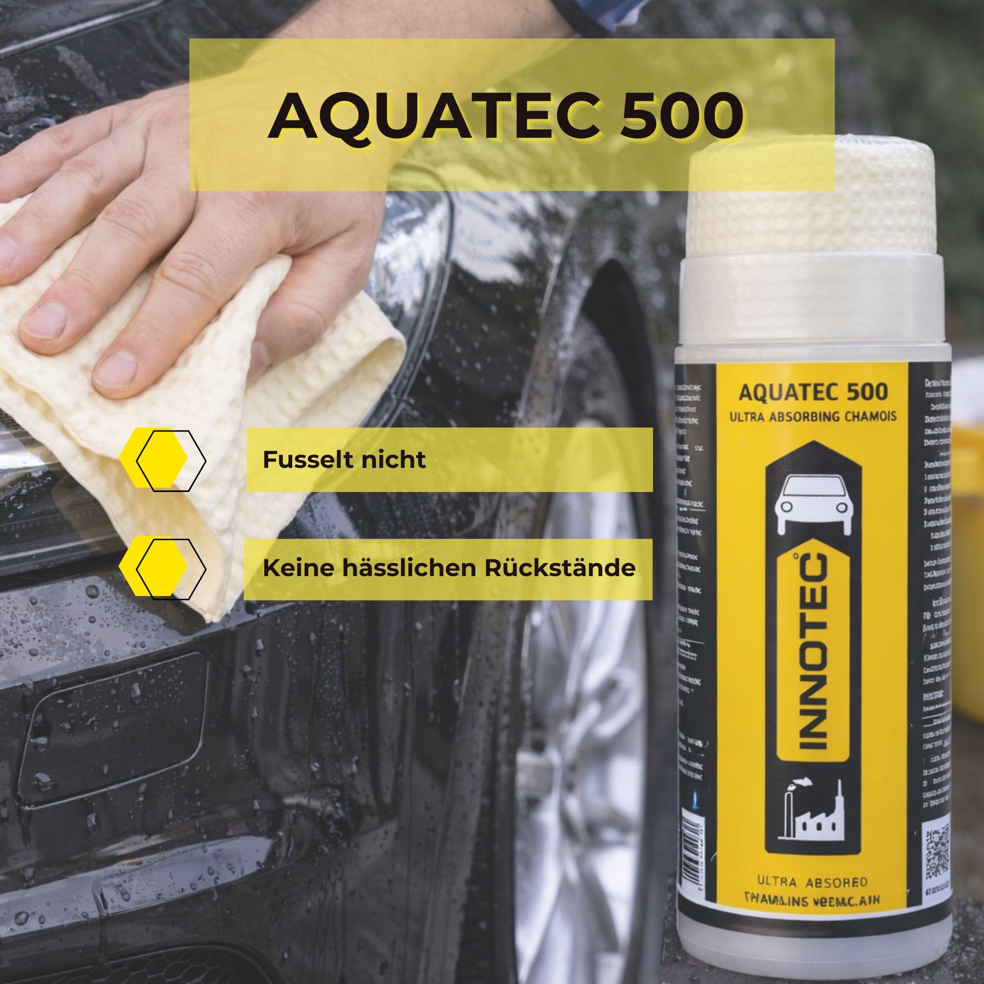4 Stück INNOTEC Aquatec 500 – Ultra Absorbierende Leder-Trockentuch-Chamois für Auto, Motorrad & Kfz-Lack – streifenloses Trocknen auf Chrom, Glas & lackierten Flächen nach der Fahrzeugwäsche