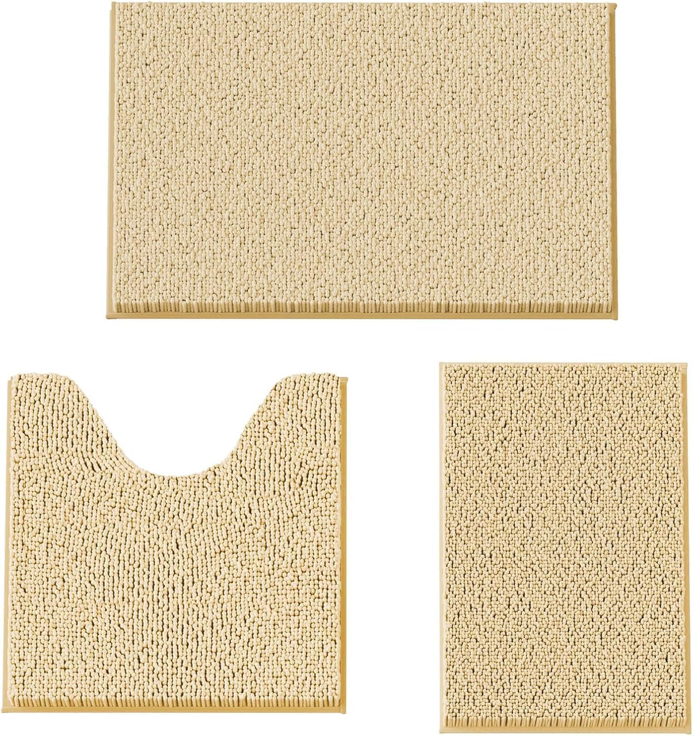 placeroom Bathroom Mat Set of 3, Bath and Toilet Mat Set,Ultra Soft Chenille Bath Mat Non Slip,Bath Mat Sets 3 Piece Washable,Super-Absorbent Bath(Beige bath set)