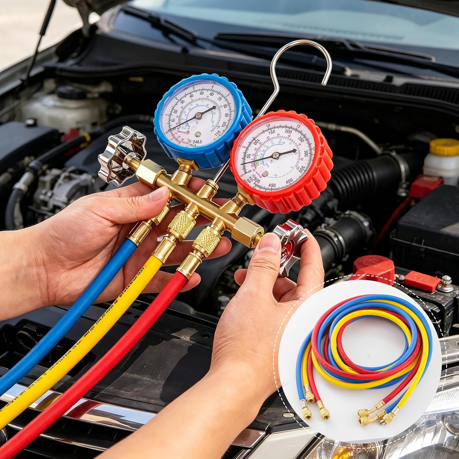 3 Pieces AC Manifold Gauge Hose Kit, 1/4" HVAC Refrigerant Charging Hose, 8FT Air Conditioner Gauge Hoses for R410A R134A R22 R502 System, 800-4000PSI (96‘’)