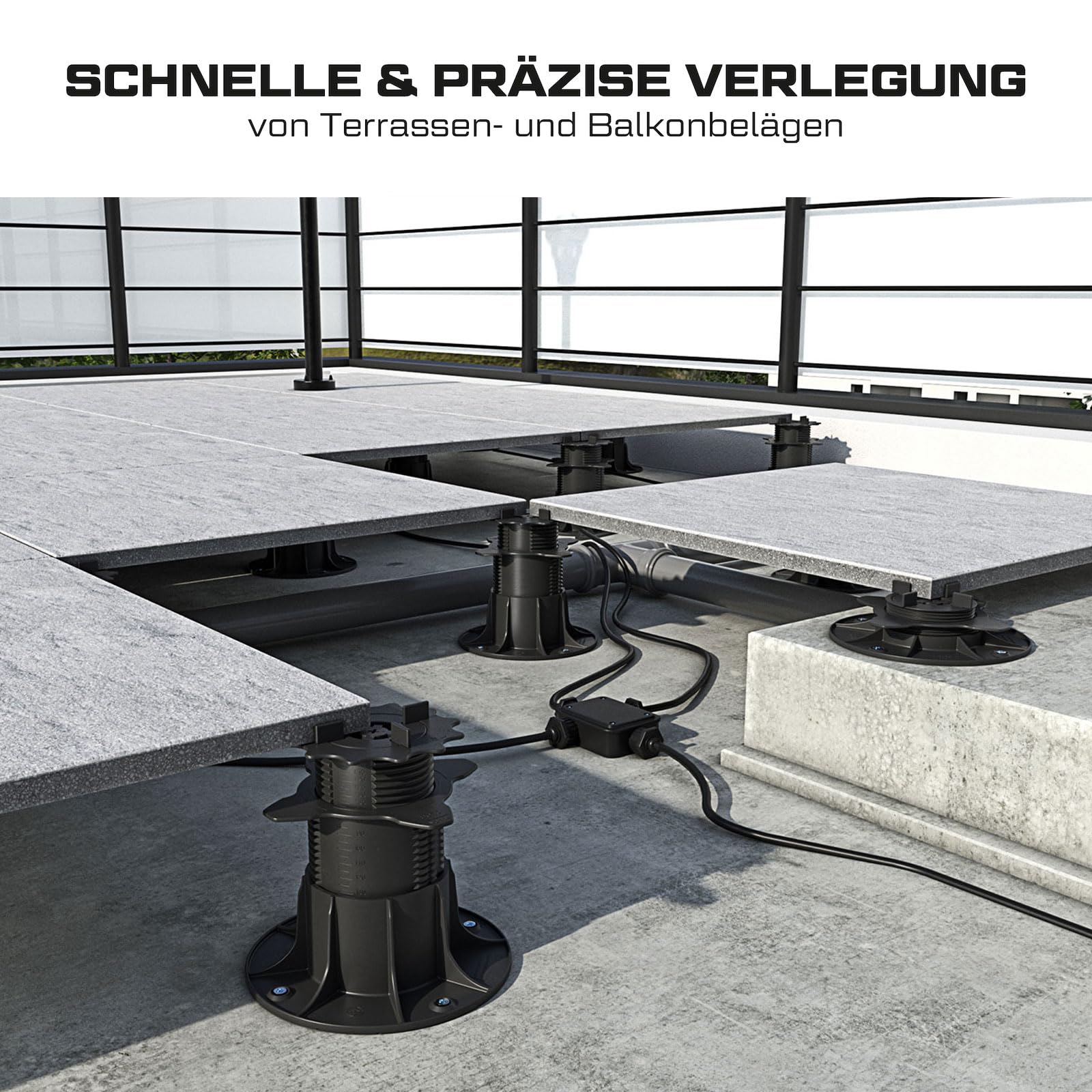10x LANGFIT® Stelzlager "XL" für Terrassenplatten – Mit Auto-Nivellierung 0-7% – Bis 50% schneller montiert – Mit Maßskala – Stufenlos höhenverstellbar von 83-203mm / Fugenkreuz 3mm – Made in Germany