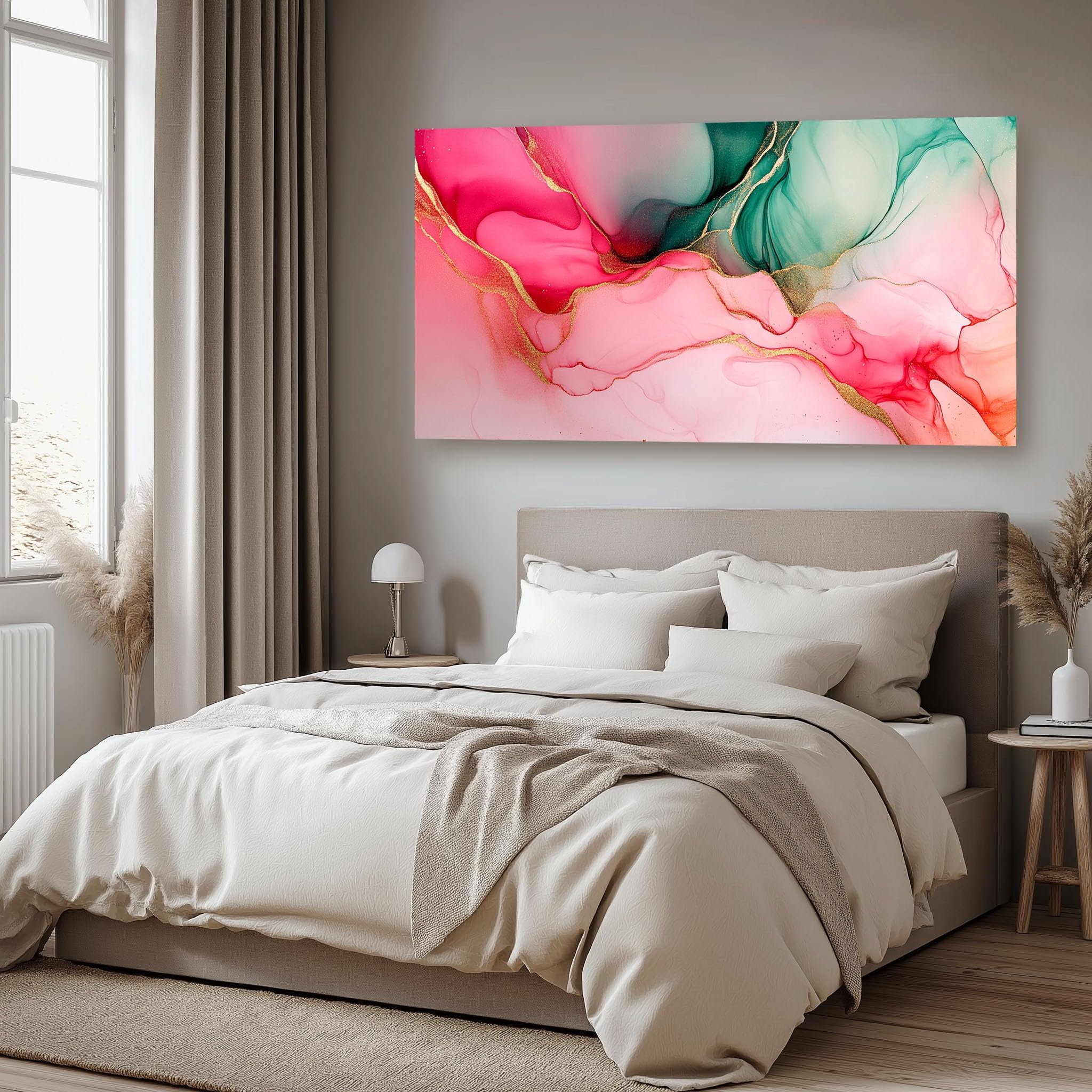 Leinwandbild 50x100 cm Abstrakt Tuschmalerei Wandbilder Modern Farbblock | Fertig Gerahmt auf Holzrahmen Kunstdruck Zeitgenössisch Flüssig Wohnzimmer Schlafzimmer Büro Dekoration