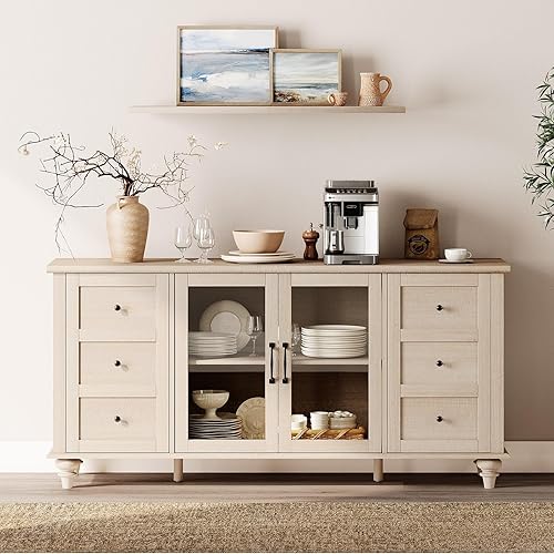 Miniatura 10 de WAMPAT Aparador de buffet con puerta de cristal, armarios de almacenamiento de cocina, mesas de bar de café de madera, armario de almacenamiento de