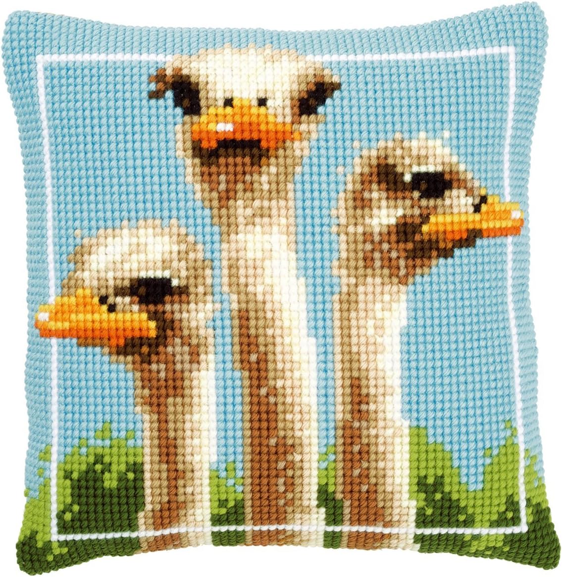 Vervaco Ostriches Cross Stitch Pillow Kit – 16×16 inch Finished Needlework Cushion Front