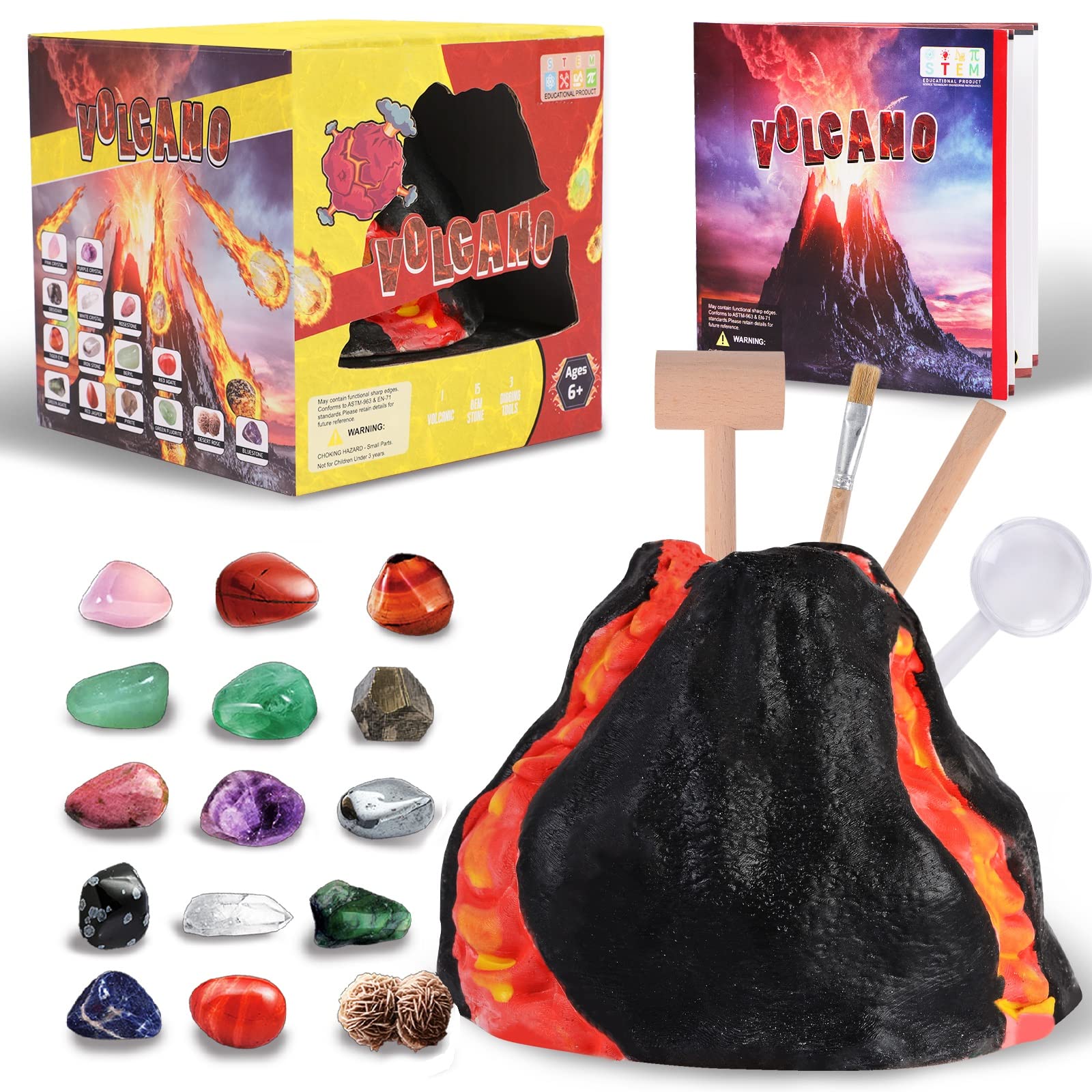 Mjartoria Gemstone Dig Kit, Volcano Geology Science and Educational Dig Kit, Dig It Up 15 Different Real Gemstones and Crystals, Gemstone Discovery Toys for Boys Girls Kids 4-7,8-12 Year Old
