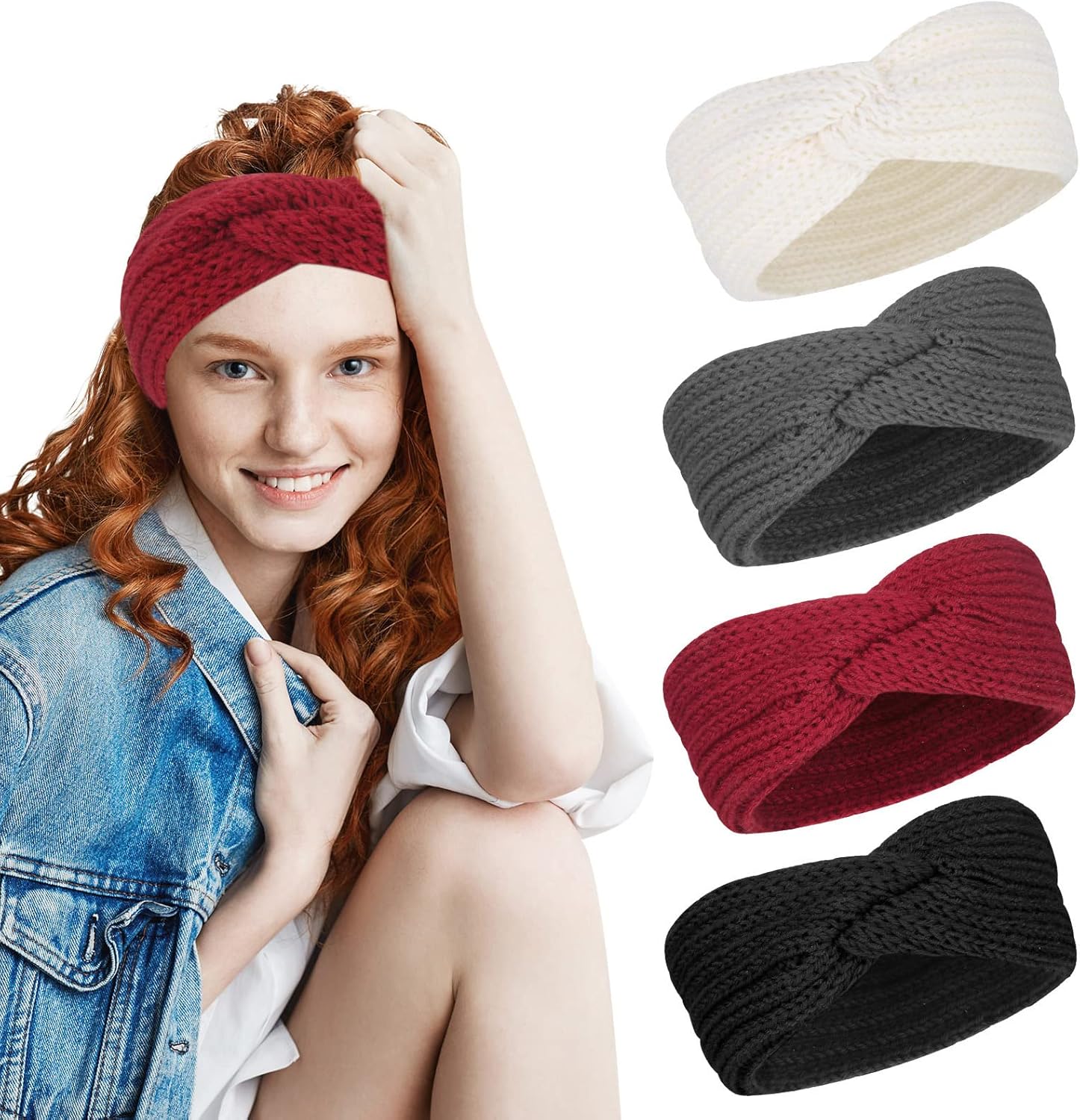 AKlamater 4 Pcs Winter Knit Headbands Women Twist Thermal Knitted Headbands Winter Ear Warmer