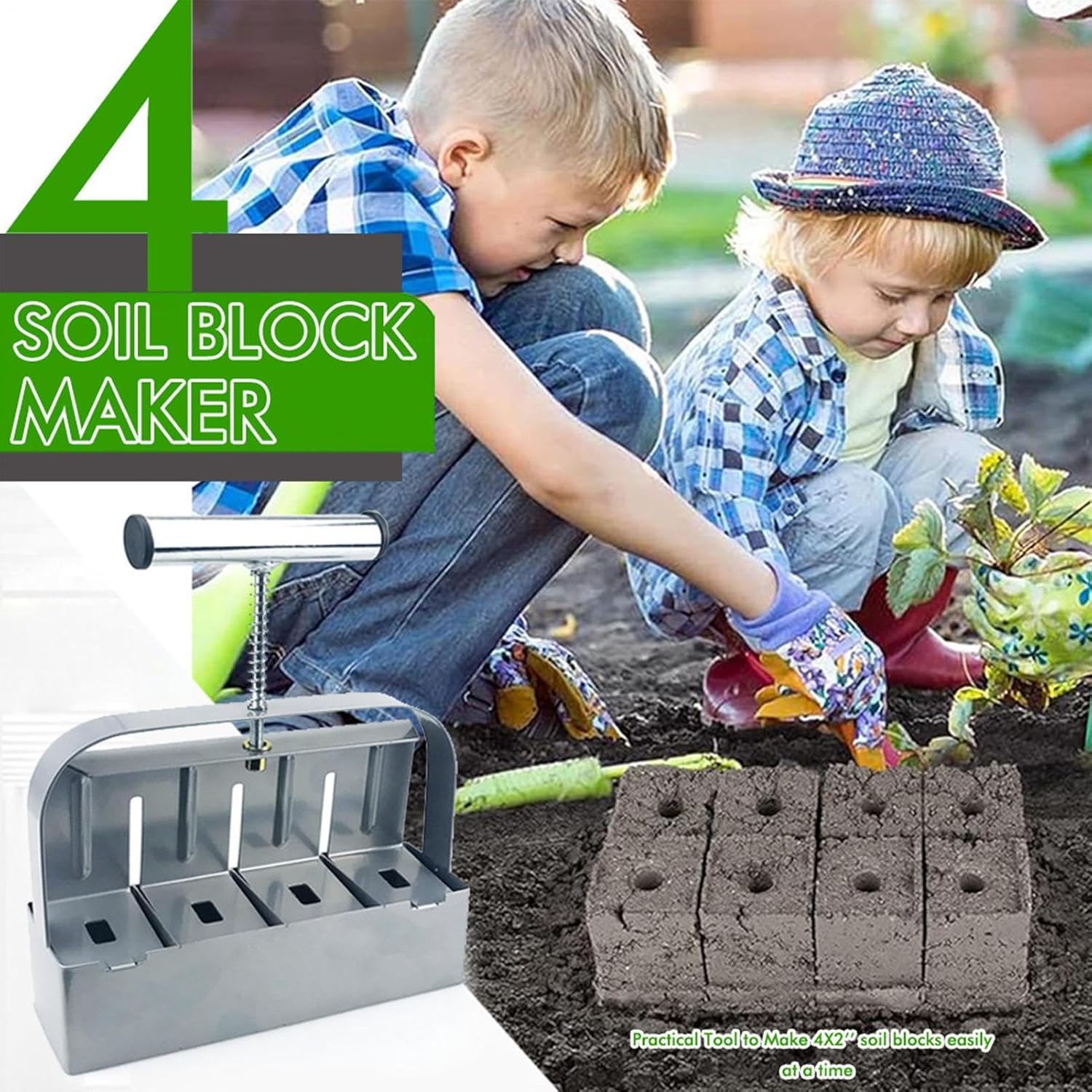 Soil Block Maker - Steel Manual Compactor Tool, 2inch Square Gear, Planting Transplanting Function, Cutting Propagator Wellness Category, Starter Tray Garden Yard Greenhouse Home