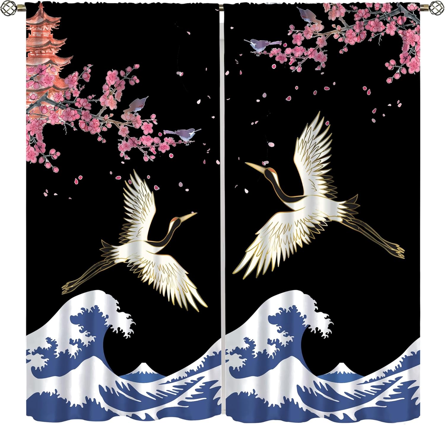 Japanese Style Cranes Curtain Asian Waves Traditional Chinese Cherry Blossom Printed Window Treatment for Living Room Bedroom Kitchen Drapes Rod Pocket Blackout Curtains 42x45 Inch