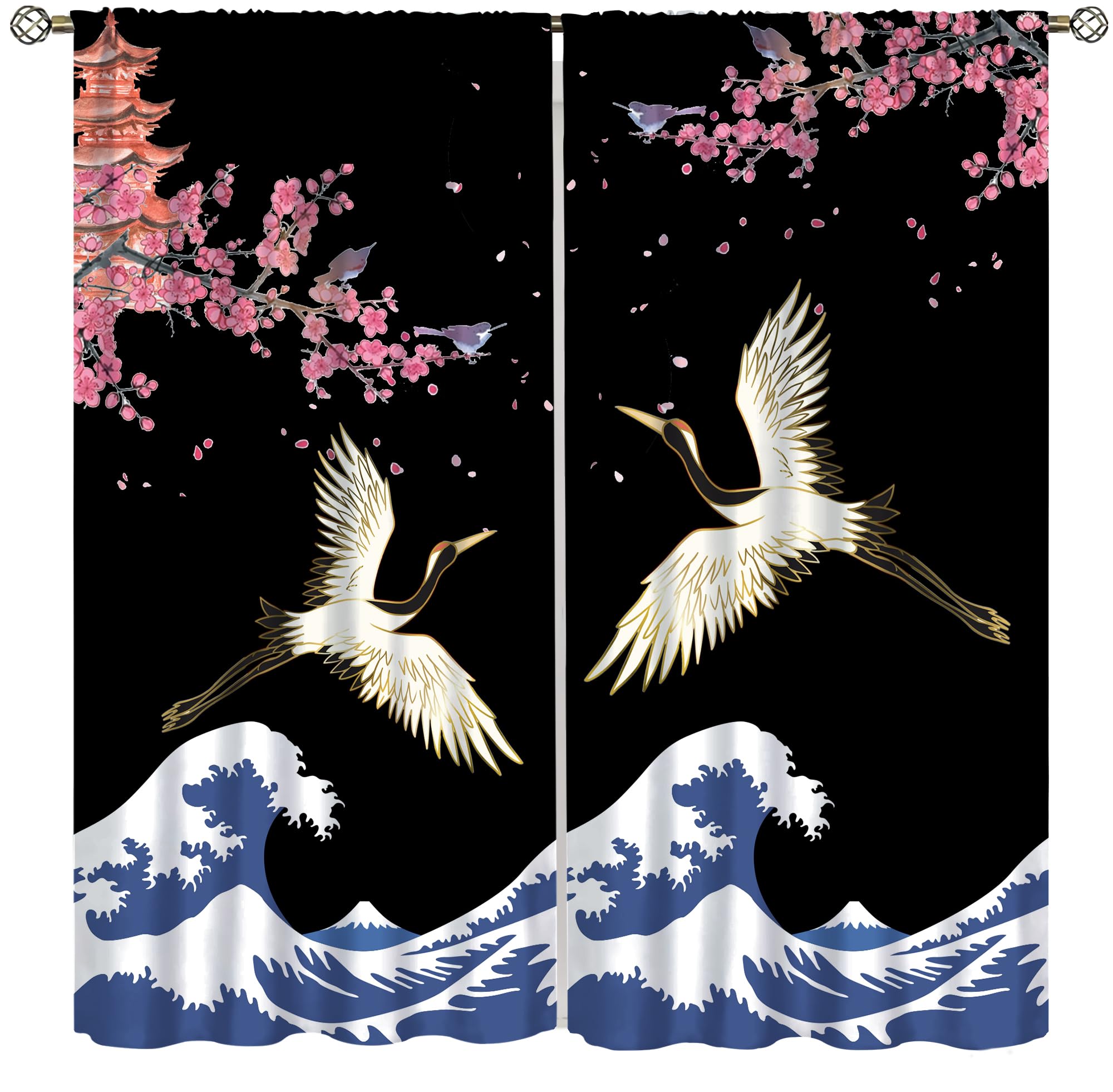 ShiTingYu Japanese Style Cranes Curtain Asian Waves Traditional Chinese Cherry Blossom Printed Window Treatment for Living Room Bedroom Kitchen Drapes