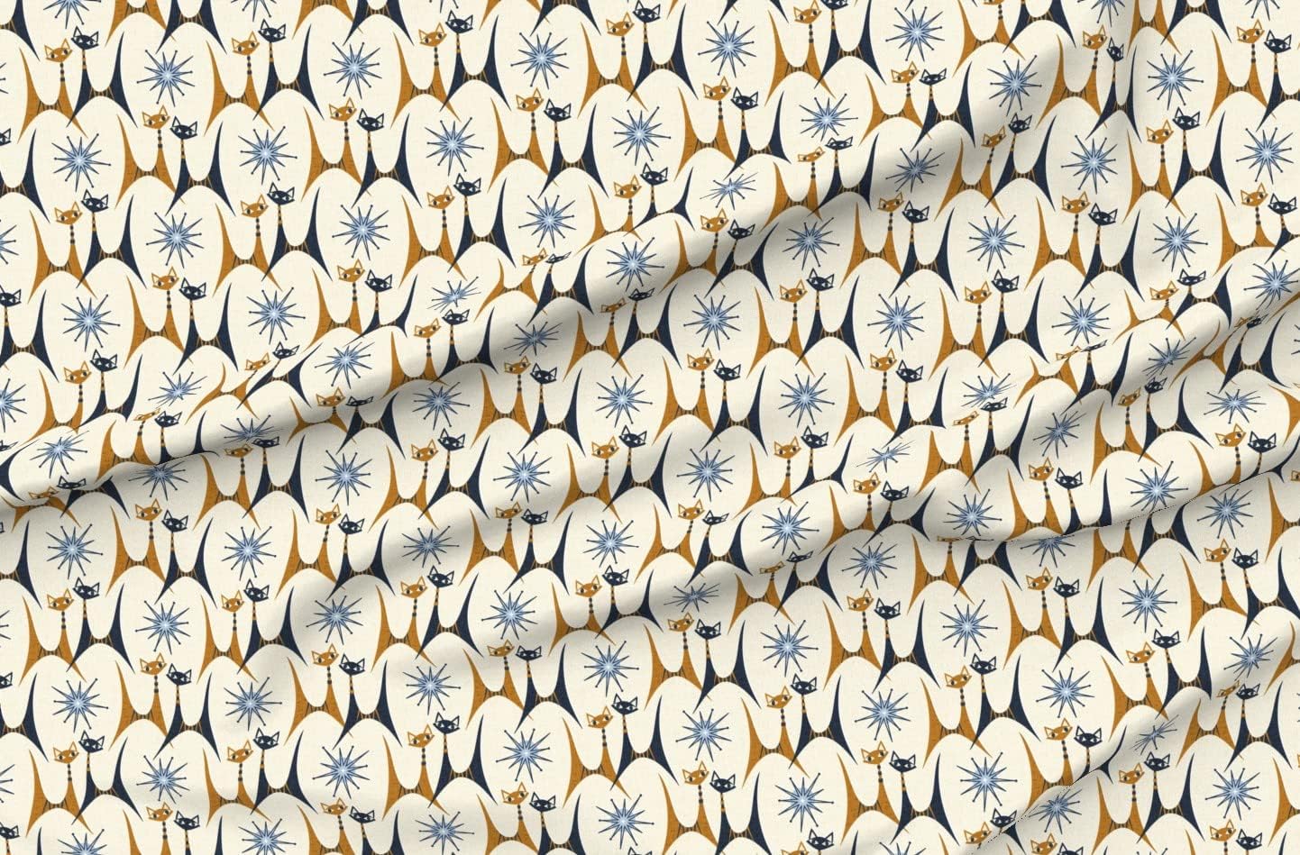 Spoonflower Fabric - Retro Cats Mid Century Kittens Starbursts Atomic Starburst Sky Blue Printed on Organic Cotton Sateen Fabric by The Yard - Sewing Quilting Apparel Home Decor
