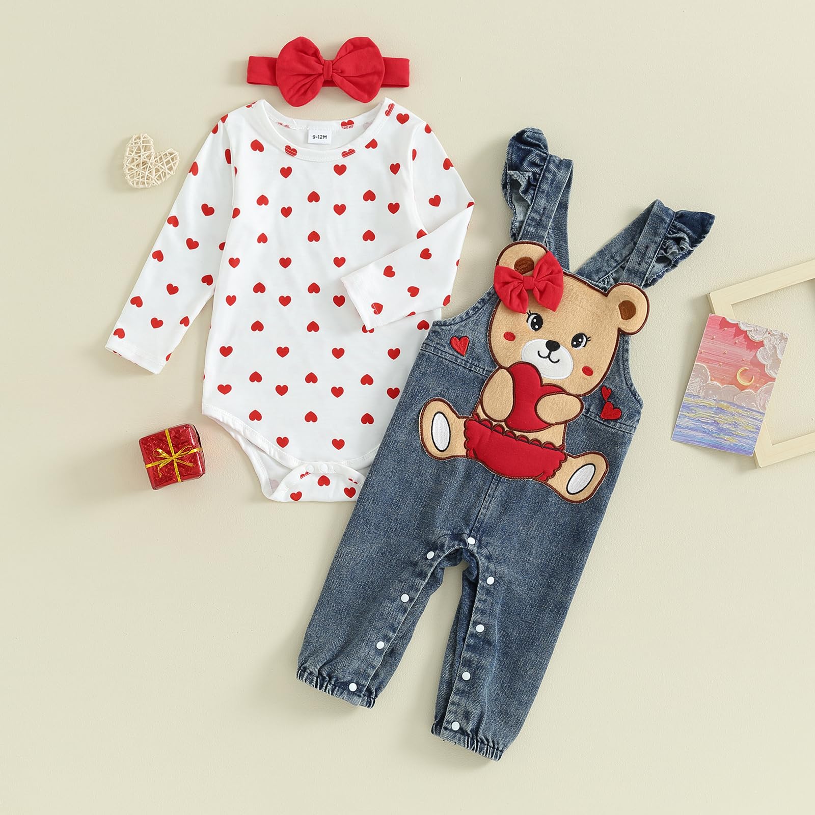 Baby Girl Valentine's Day Clothes Set Heart Print Long Sleeve Romper with Bear Embroidery Denim Pants Headband (White, 6-9 Months)