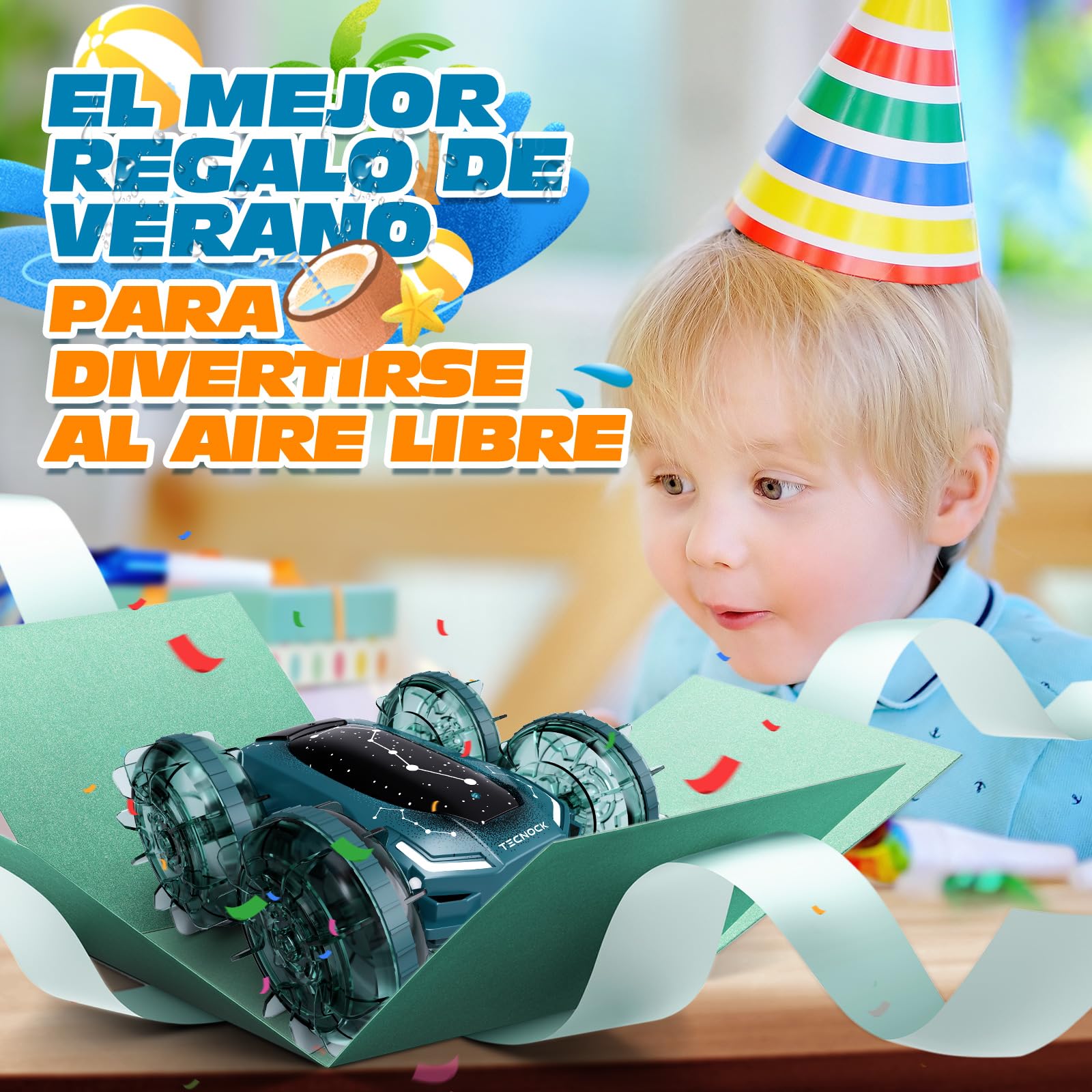Tecnock Barco Anfibio teledirigido para Coche, Control de Gestos 4WD, Coche RC con Carga magnética, Tiempo de Funcionamiento de 60 Minutos, Luces LED, Juguete de Piscina para niños de 6 a 12 años
