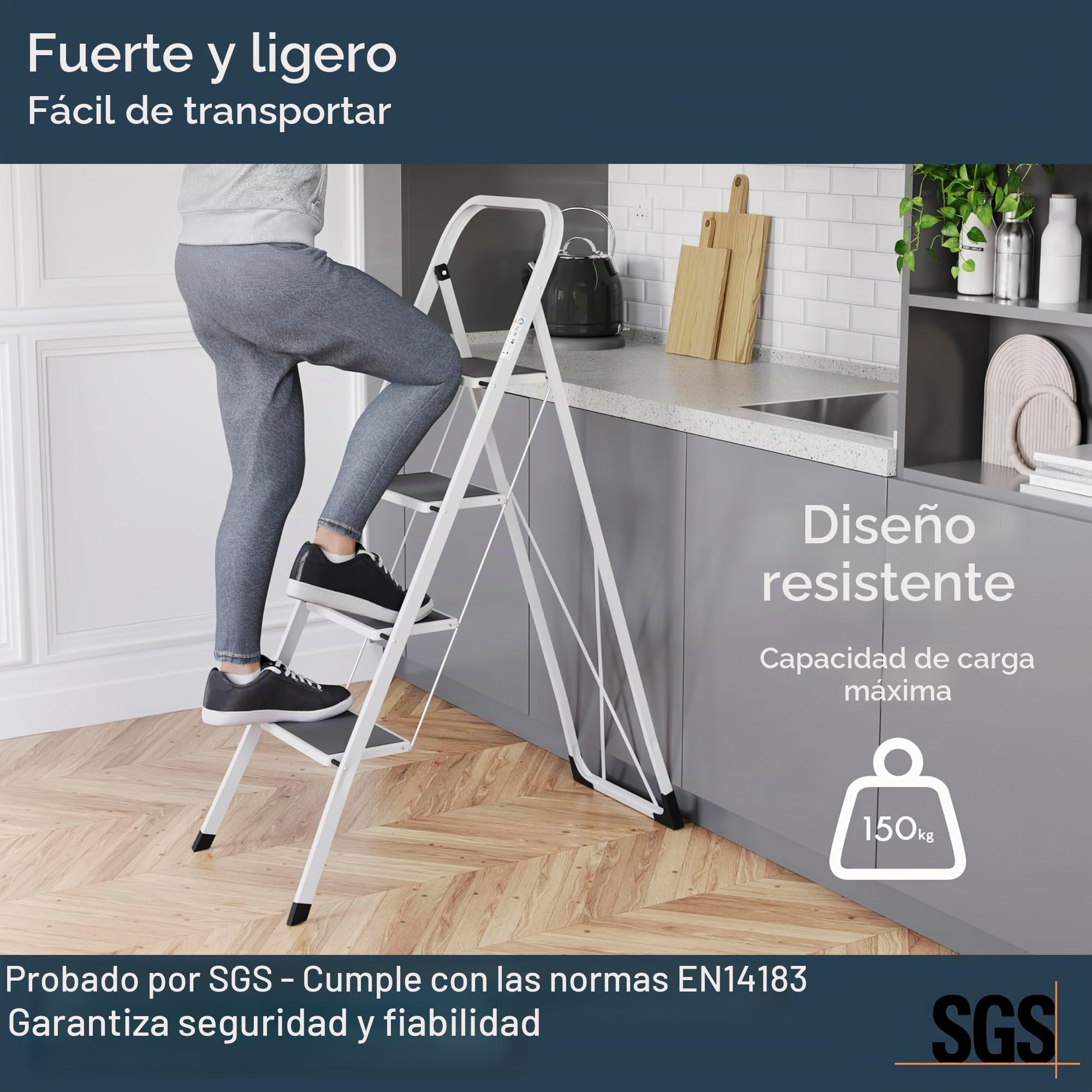 Home Vida Escalera de 4 peldaños, acero resistente, plegable, portátil con alfombrilla antideslizante